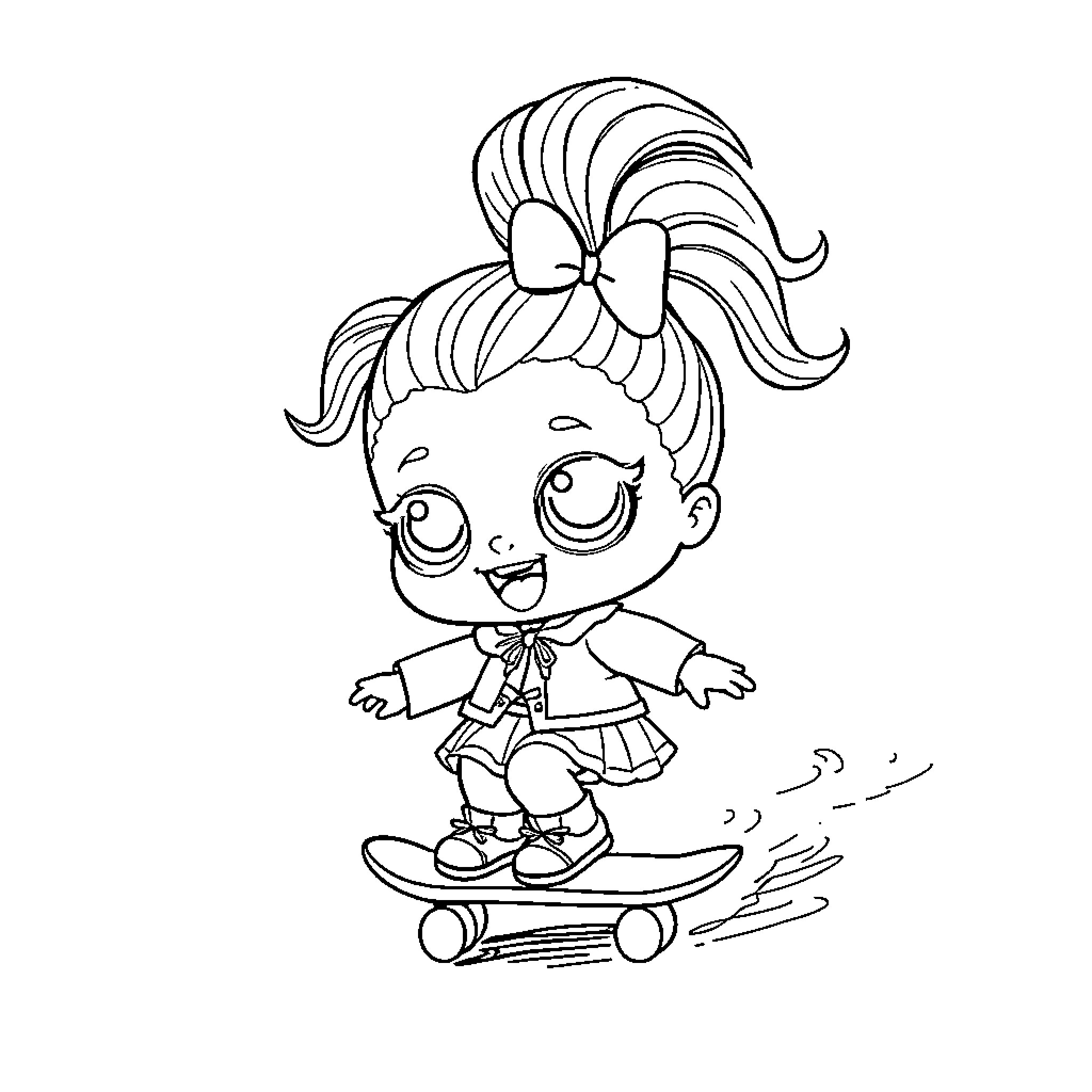 Lol Doll riding a skateboard with joy Coloring Page (free black-and-white line drawing printable PDF for all, from beginners to advanced learners, including children, teens, adults, and seniors)