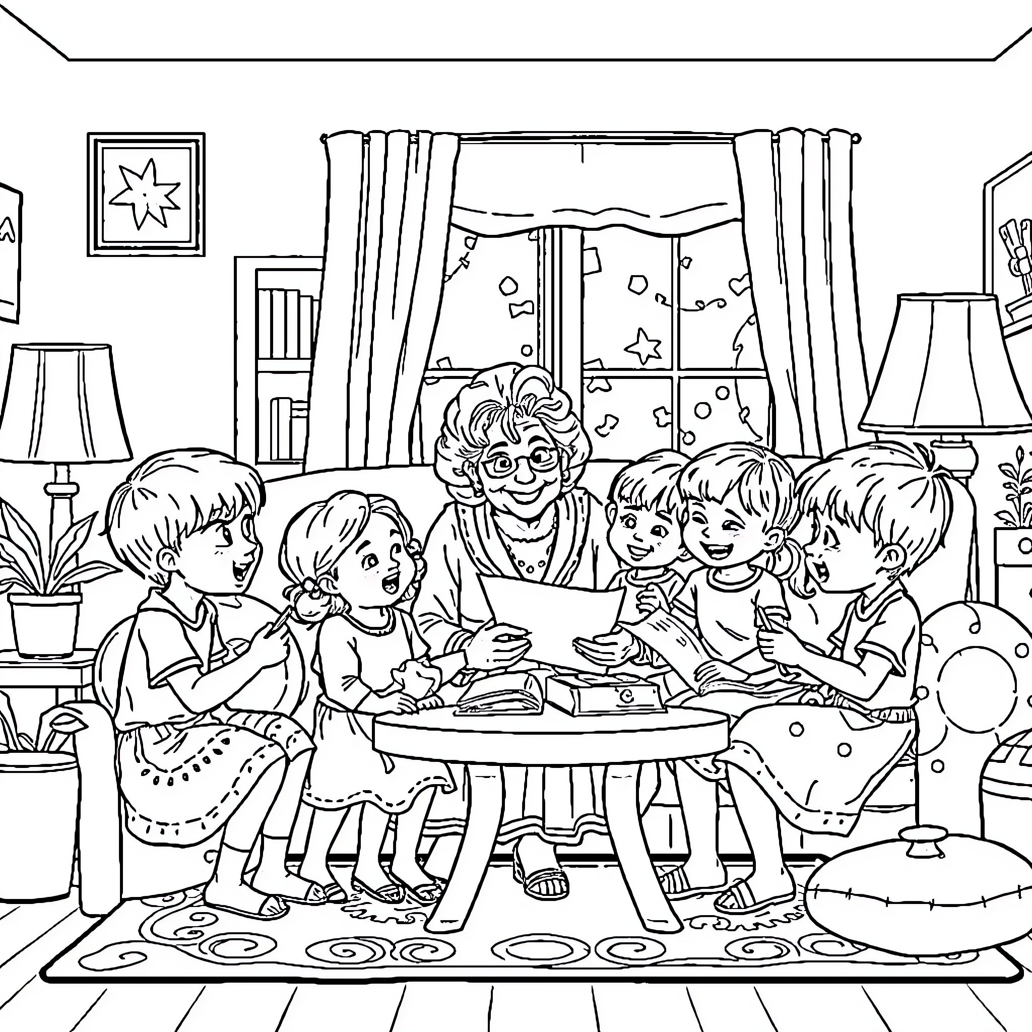 Grandma's Cozy Story Time with Grandchildren Coloring Page (free black-and-white line drawing printable PDF for all, from beginners to advanced learners, including children, teens, adults, and seniors)