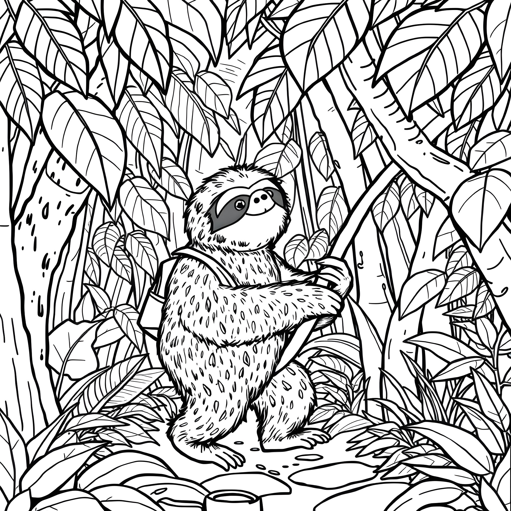 Sloth relaxing in a lush jungle setting Coloring Page (free black-and-white line drawing printable PDF for all, from beginners to advanced learners, including children, teens, adults, and seniors)