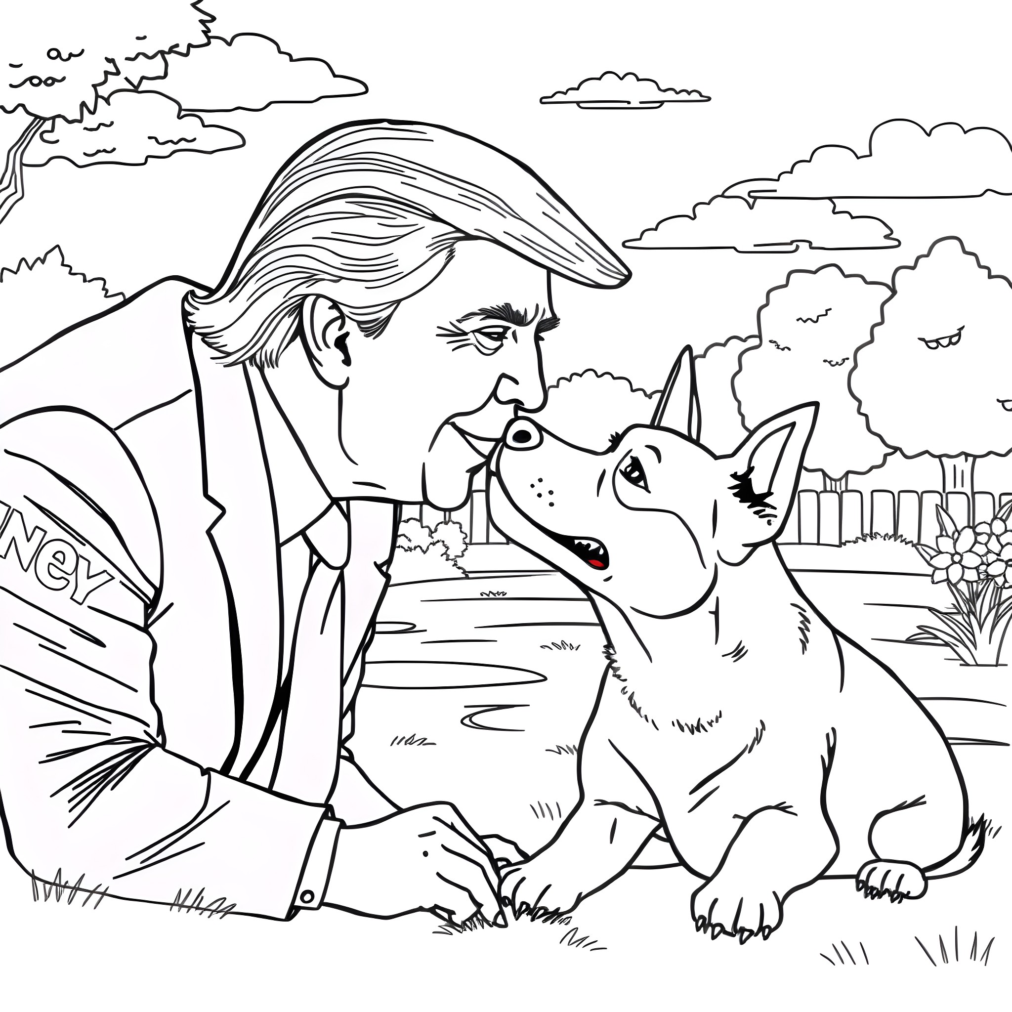 Donald Trump playing with his dog in the park Coloring Page (free black-and-white line drawing printable PDF for all, from beginners to advanced learners, including children, teens, adults, and seniors)