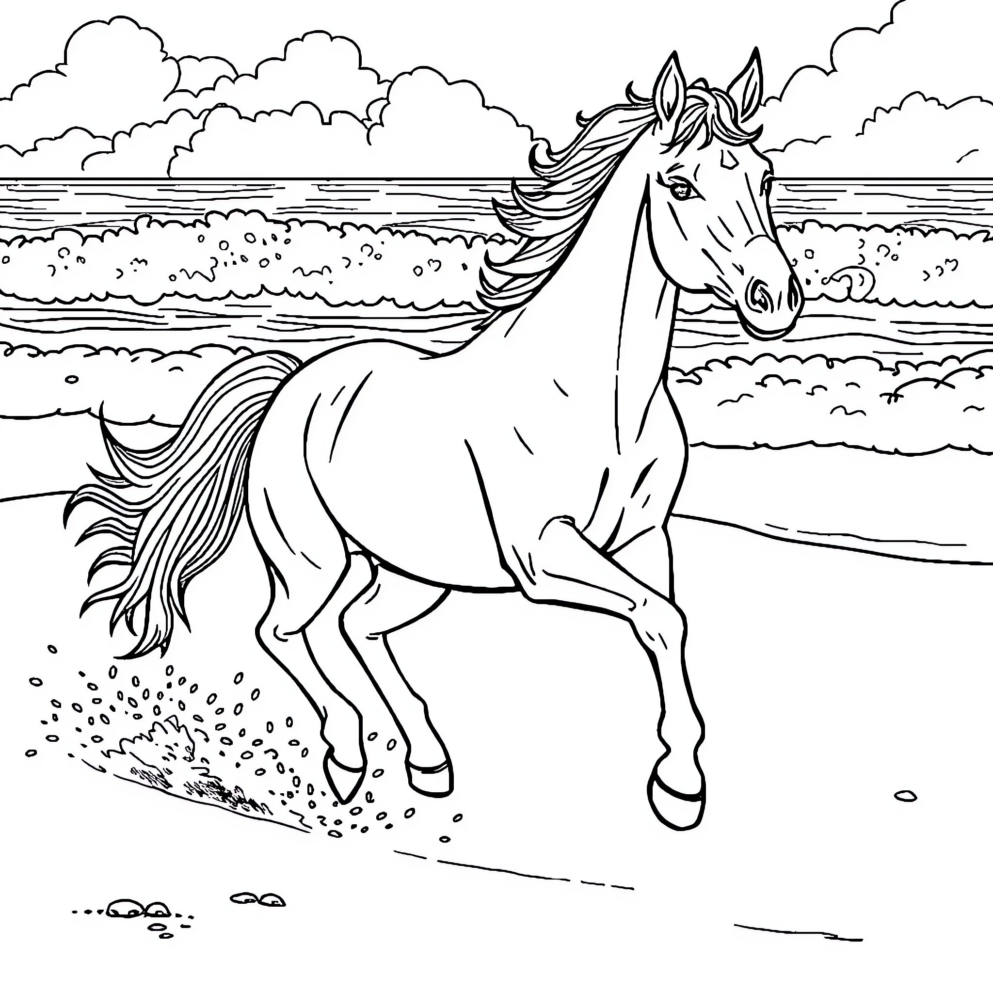 Horse running freely in the countryside Coloring Page (free black-and-white line drawing printable PDF for all, from beginners to advanced learners, including children, teens, adults, and seniors)