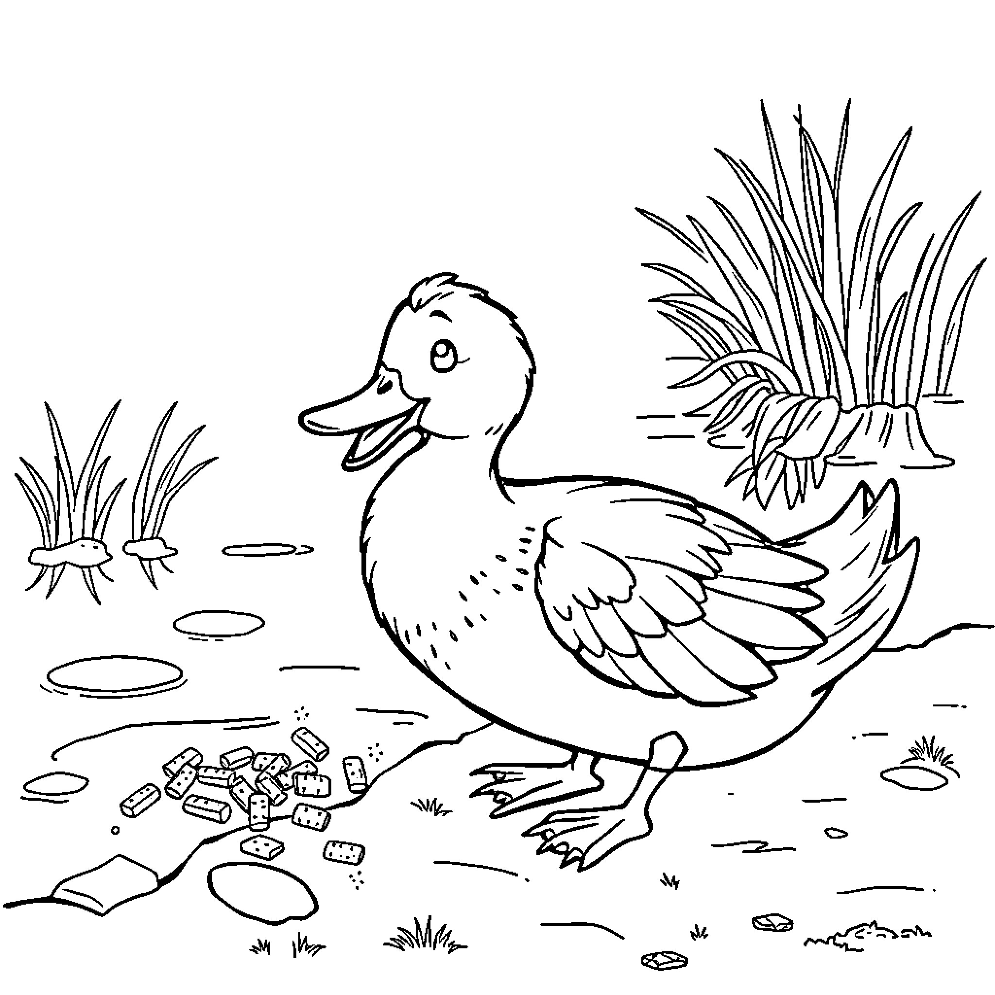 Duck waddling through a grassy pond Coloring Page (free black-and-white line drawing printable PDF for all, from beginners to advanced learners, including children, teens, adults, and seniors)