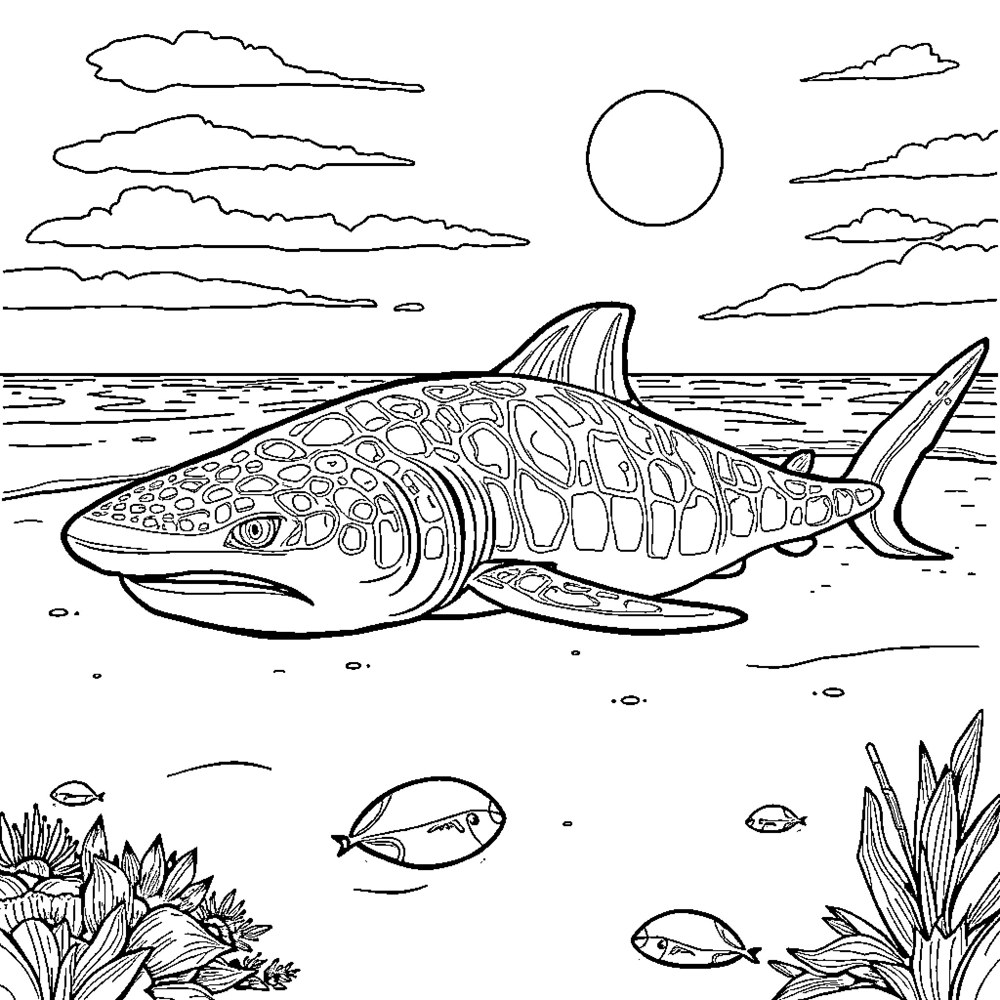 Whale Shark swimming in the ocean Coloring Page (free black-and-white line drawing printable PDF for all, from beginners to advanced learners, including children, teens, adults, and seniors)