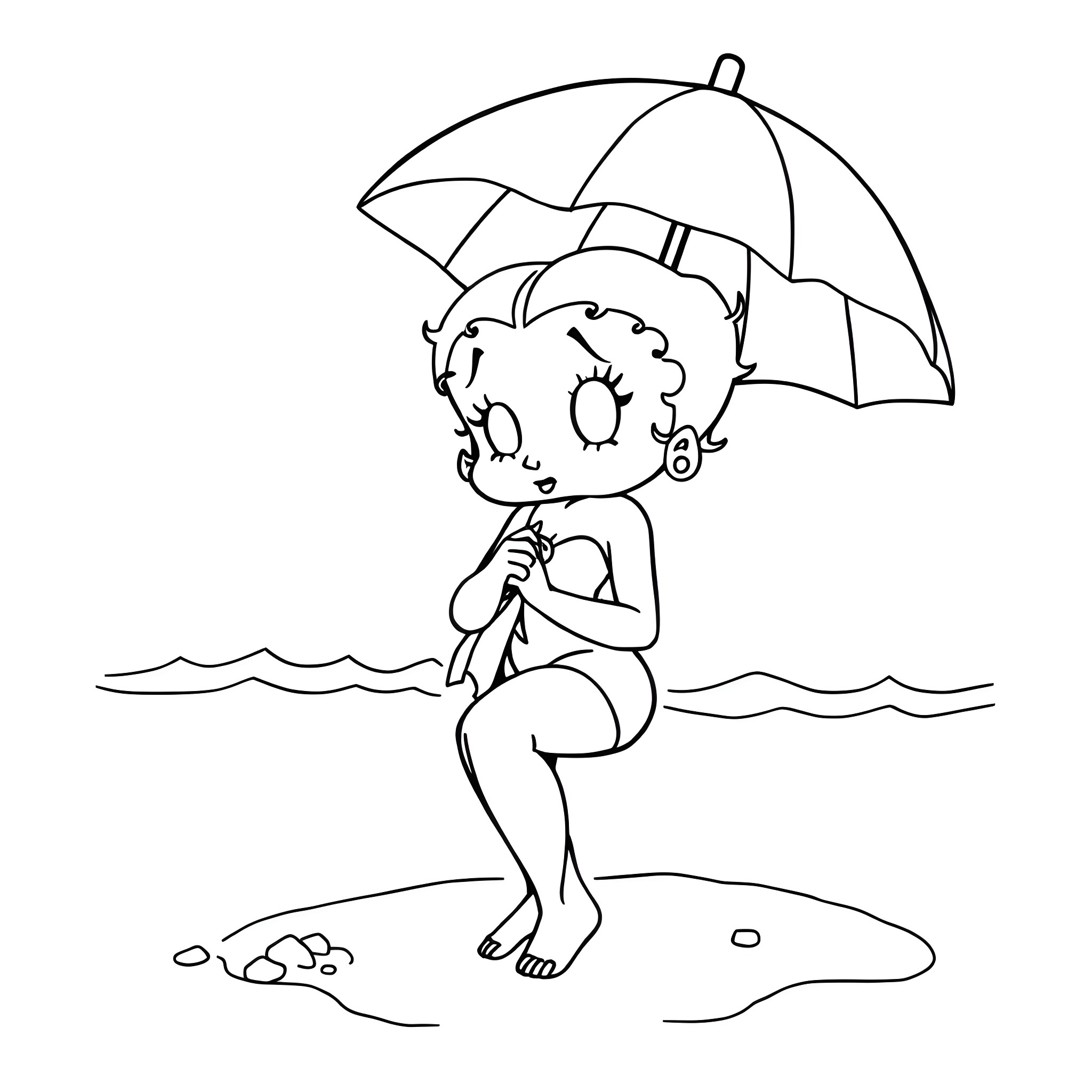 Betty Boop enjoying a day at the beach with umbrella Coloring Page (free black-and-white line drawing printable PDF for all, from beginners to advanced learners, including children, teens, adults, and seniors)