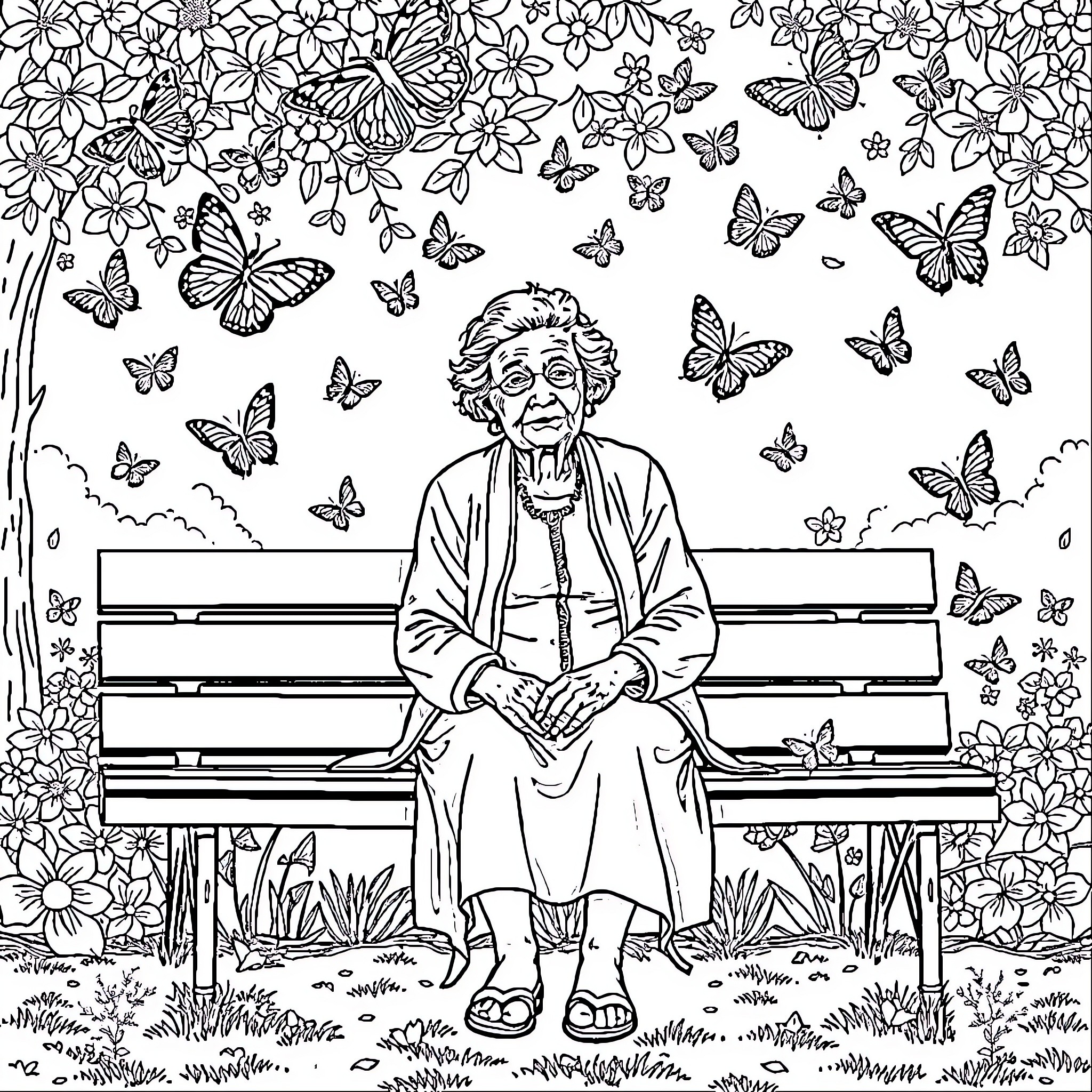 Lady surrounded by butterflies and flowers on a park bench Coloring Page (free black-and-white line drawing printable PDF for all, from beginners to advanced learners, including children, teens, adults, and seniors)