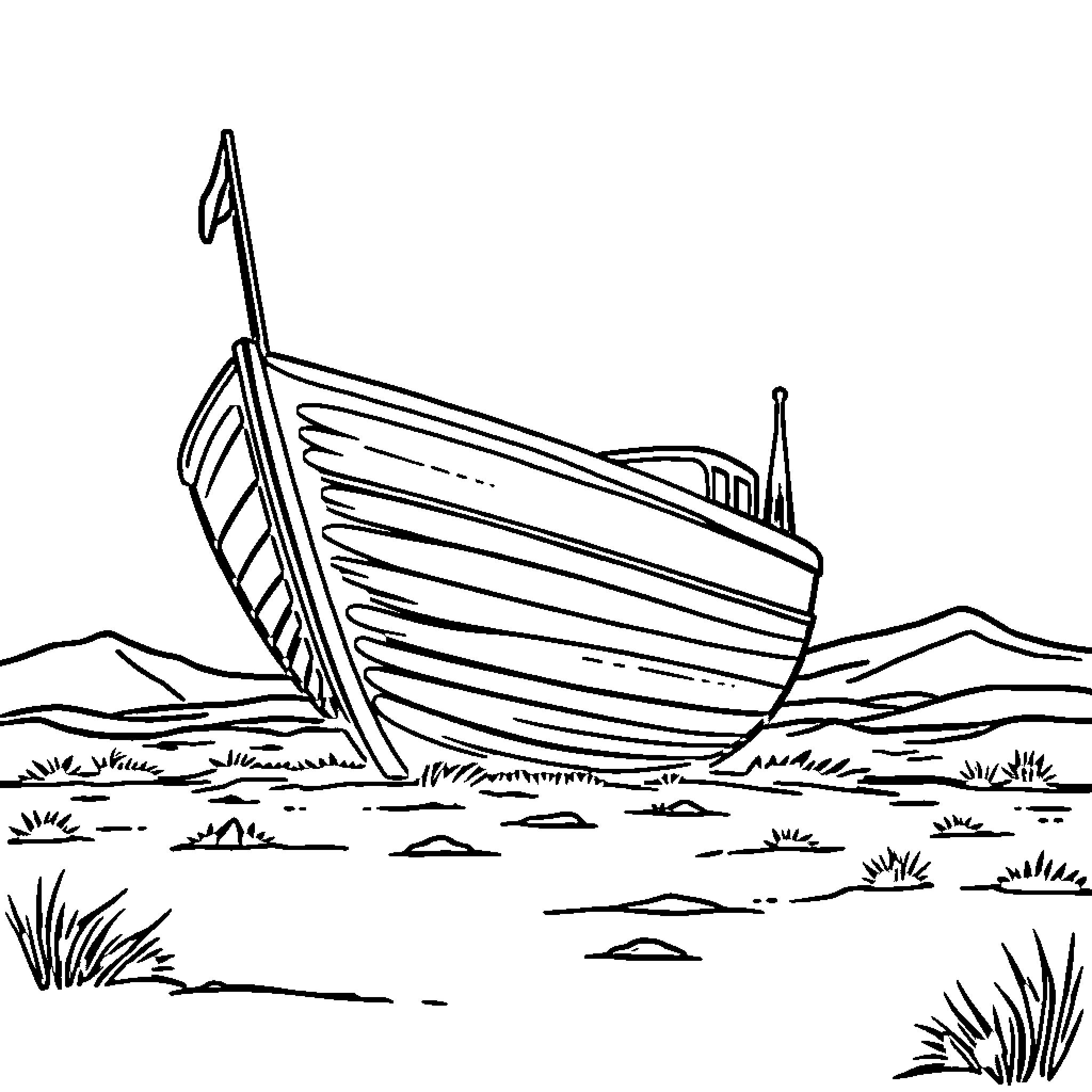 Ship ashore in coastal scene Coloring Page (free black-and-white line drawing printable PDF for all, from beginners to advanced learners, including children, teens, adults, and seniors)