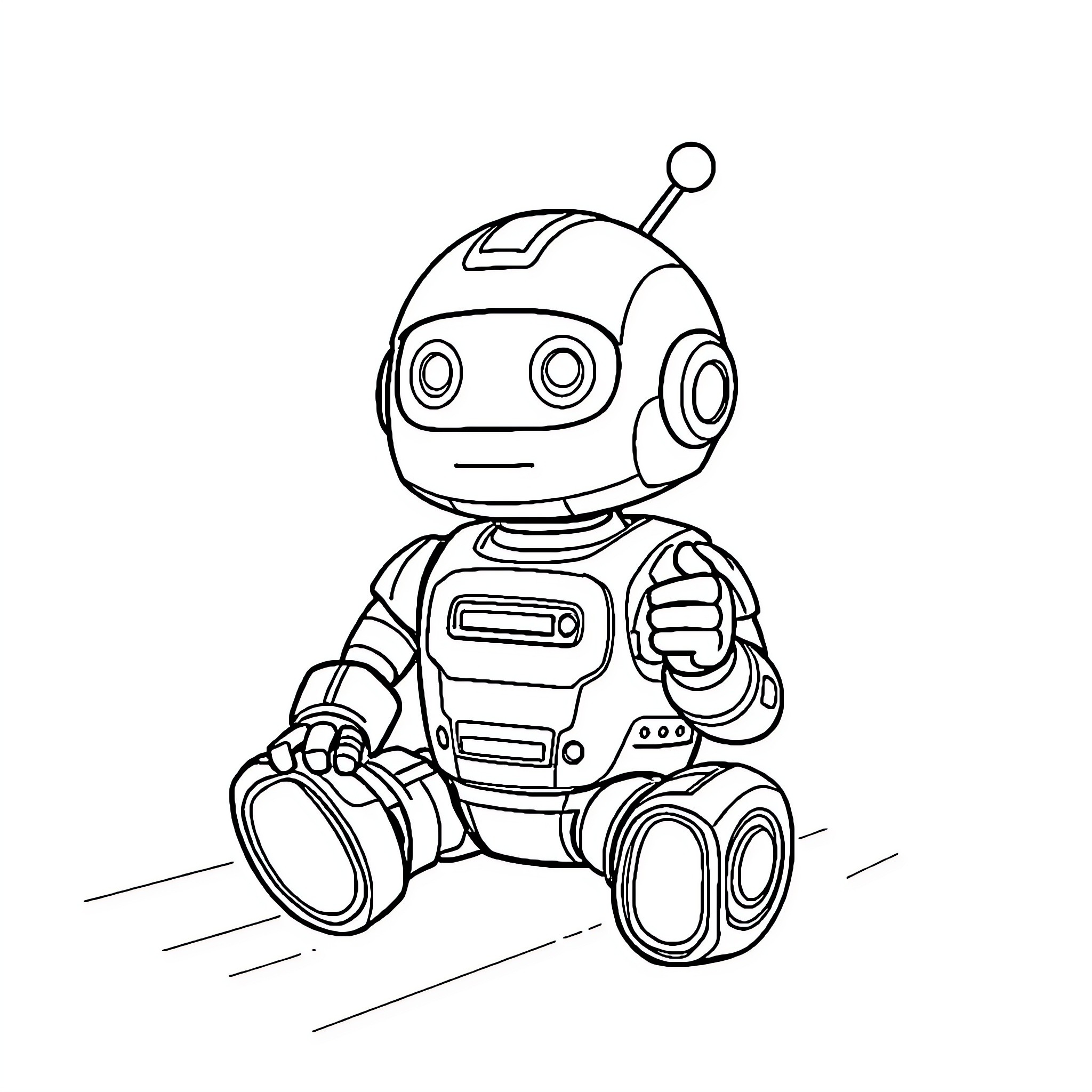 Robot sitting and holding tools Coloring Page (free black-and-white line drawing printable PDF for all, from beginners to advanced learners, including children, teens, adults, and seniors)