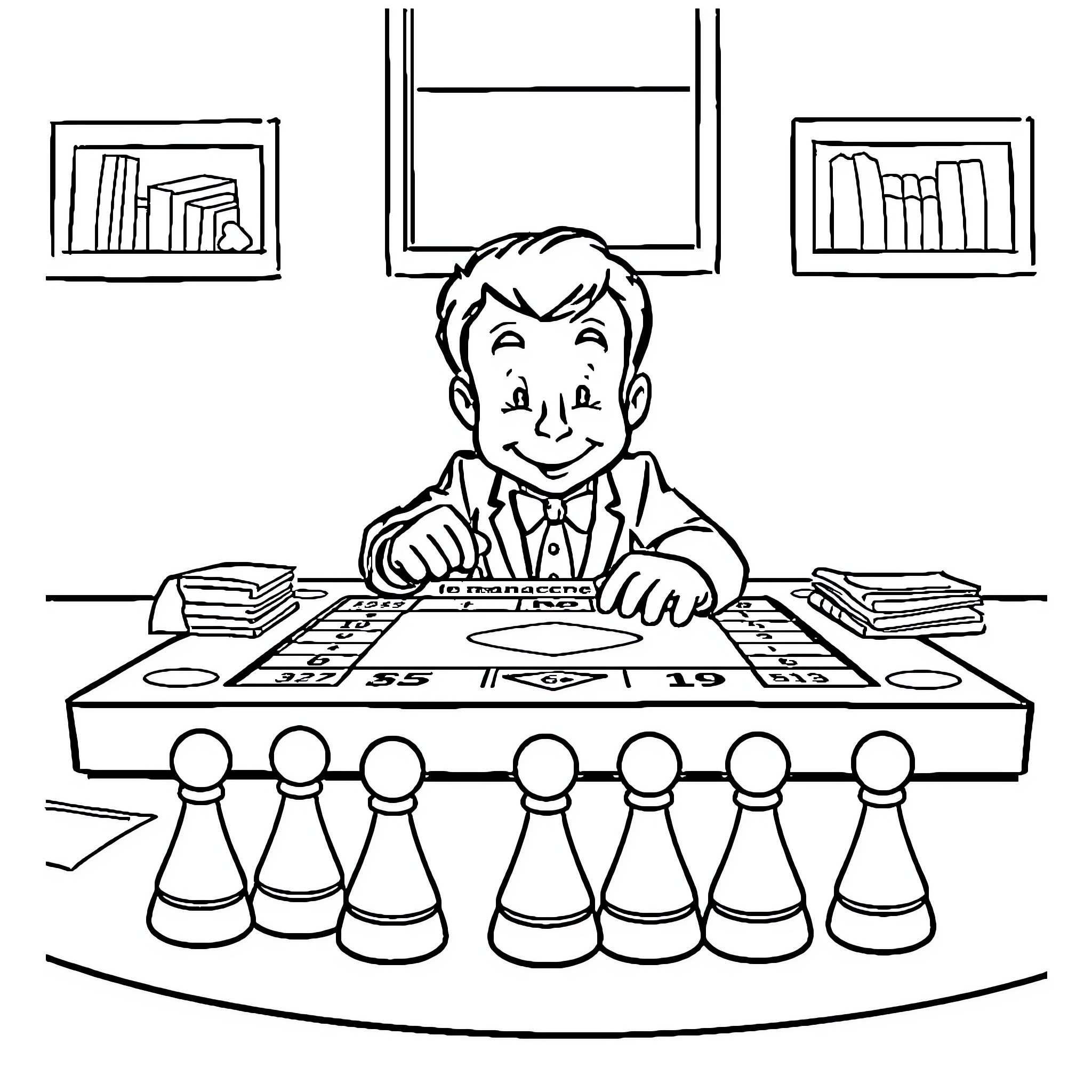 Macron Studying Chess Board and Pieces Coloring Page (free black-and-white line drawing printable PDF for all, from beginners to advanced learners, including children, teens, adults, and seniors)
