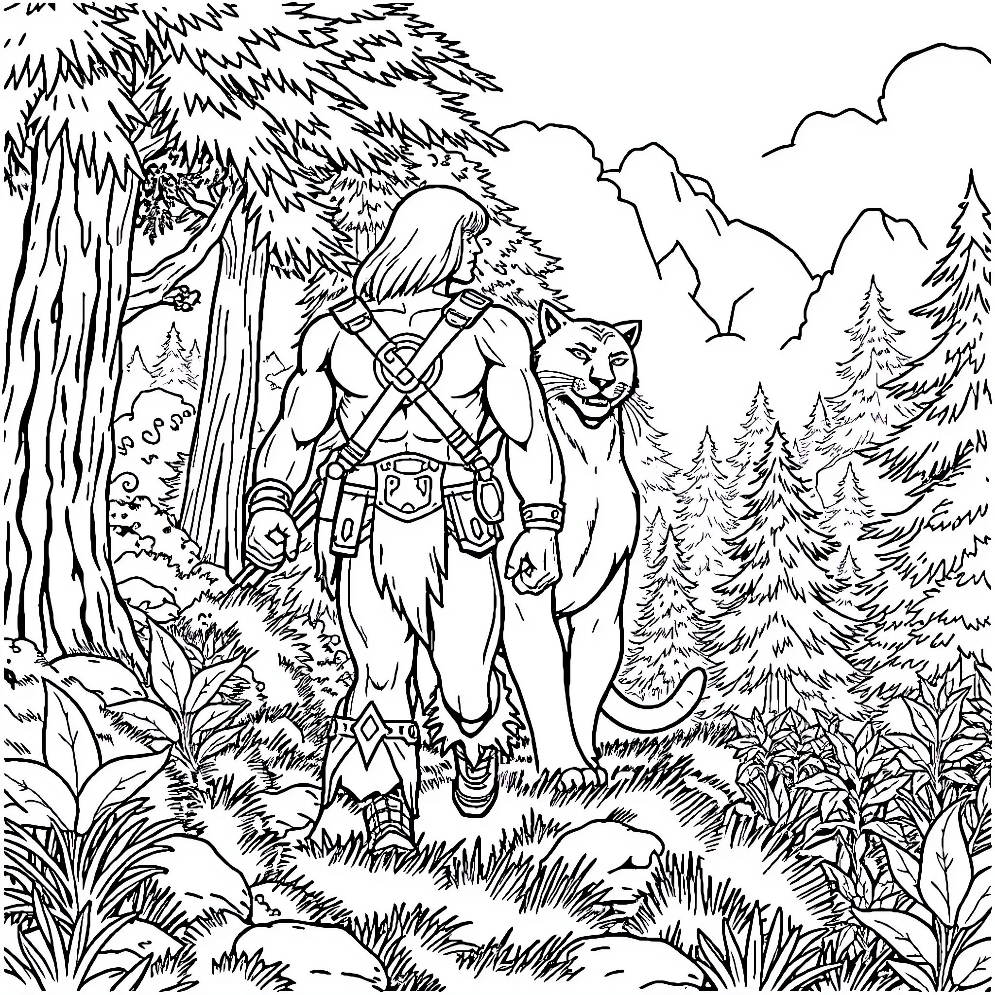 He-Man heroically exploring the mystical forest with his trusty companion Coloring Page (free black-and-white line drawing printable PDF for all, from beginners to advanced learners, including children, teens, adults, and seniors)