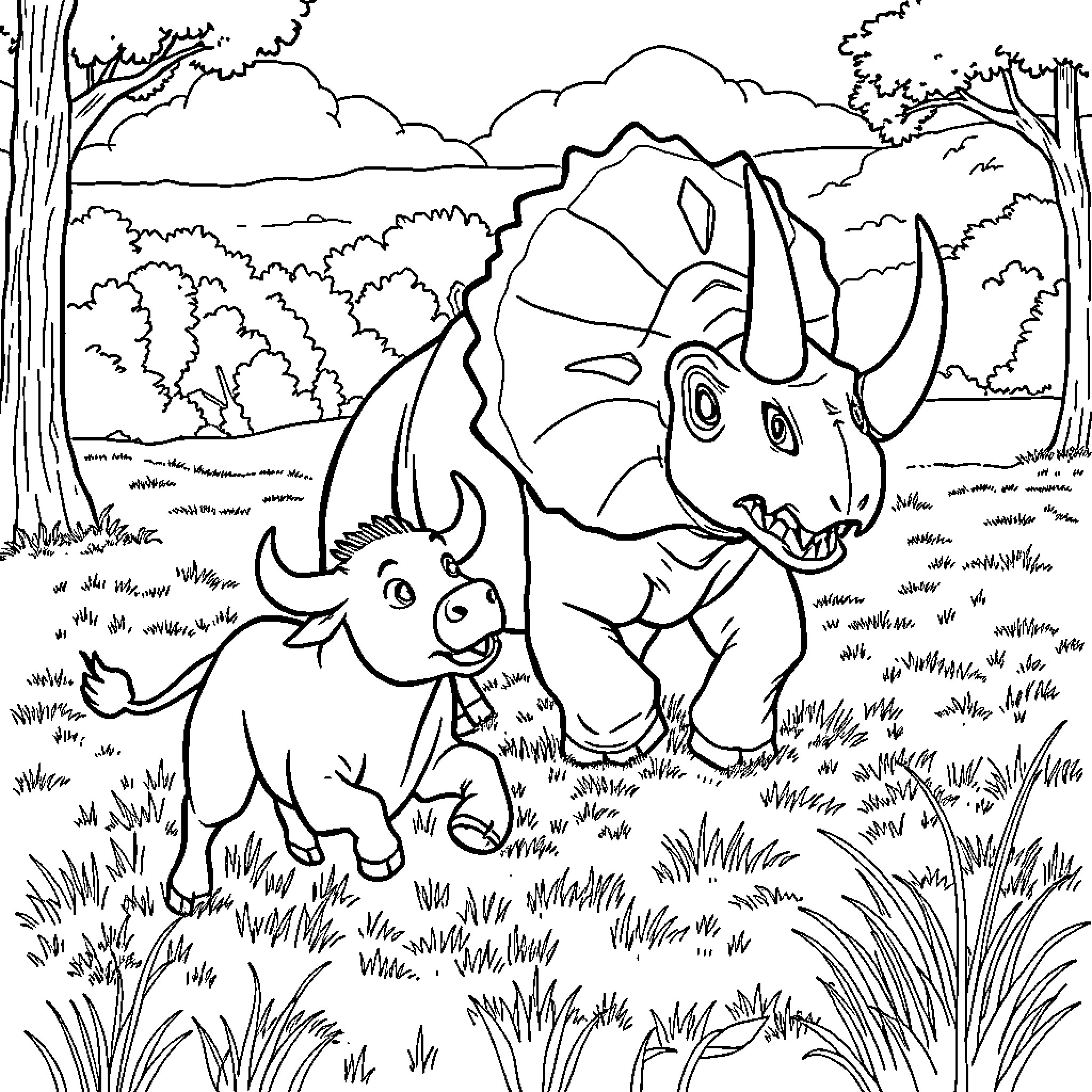 Bull Dinosaurs Roaming in the Prehistoric Landscape Coloring Page (free black-and-white line drawing printable PDF for all, from beginners to advanced learners, including children, teens, adults, and seniors)