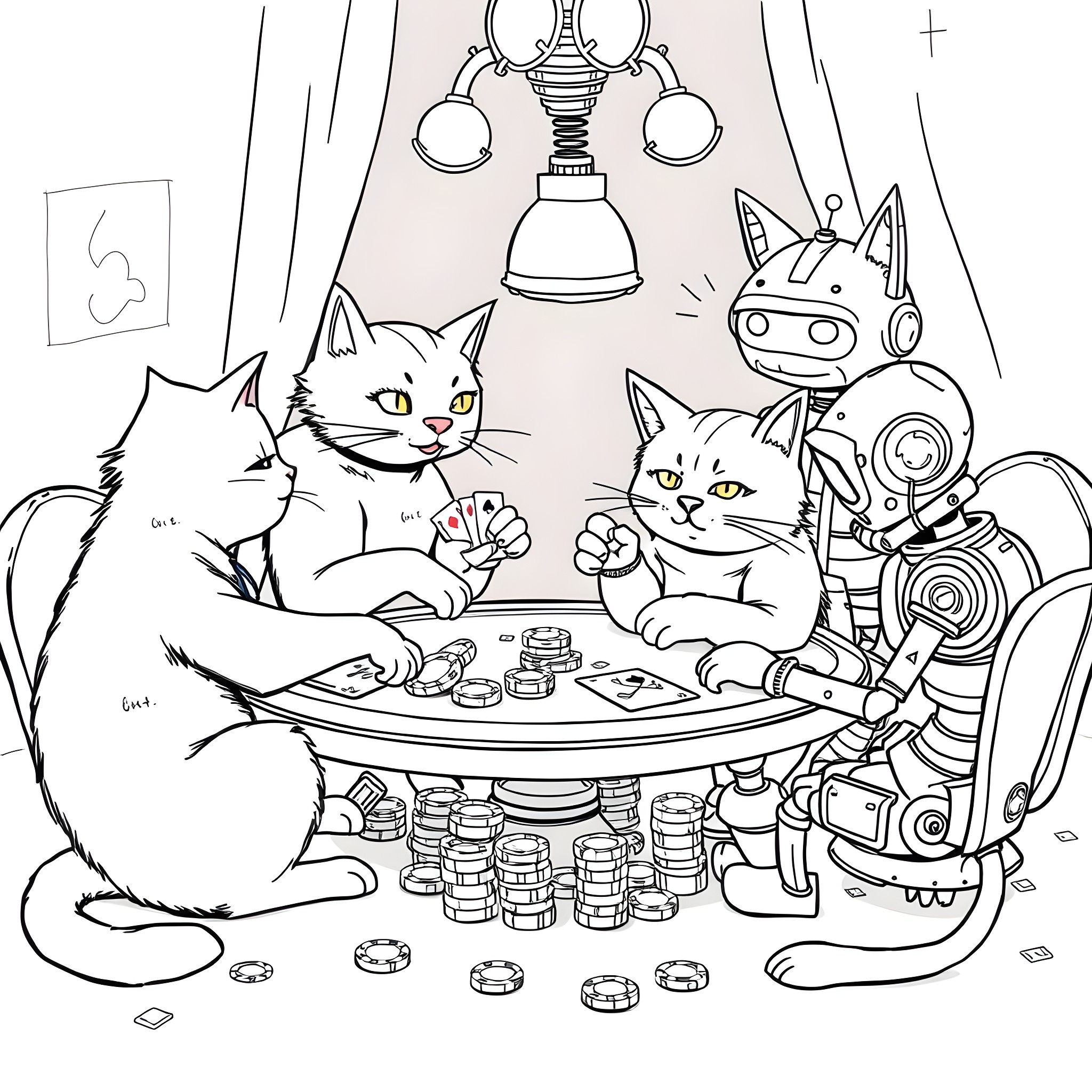 Cats playing cards with robot companion Coloring Page (free black-and-white line drawing printable PDF for all, from beginners to advanced learners, including children, teens, adults, and seniors)