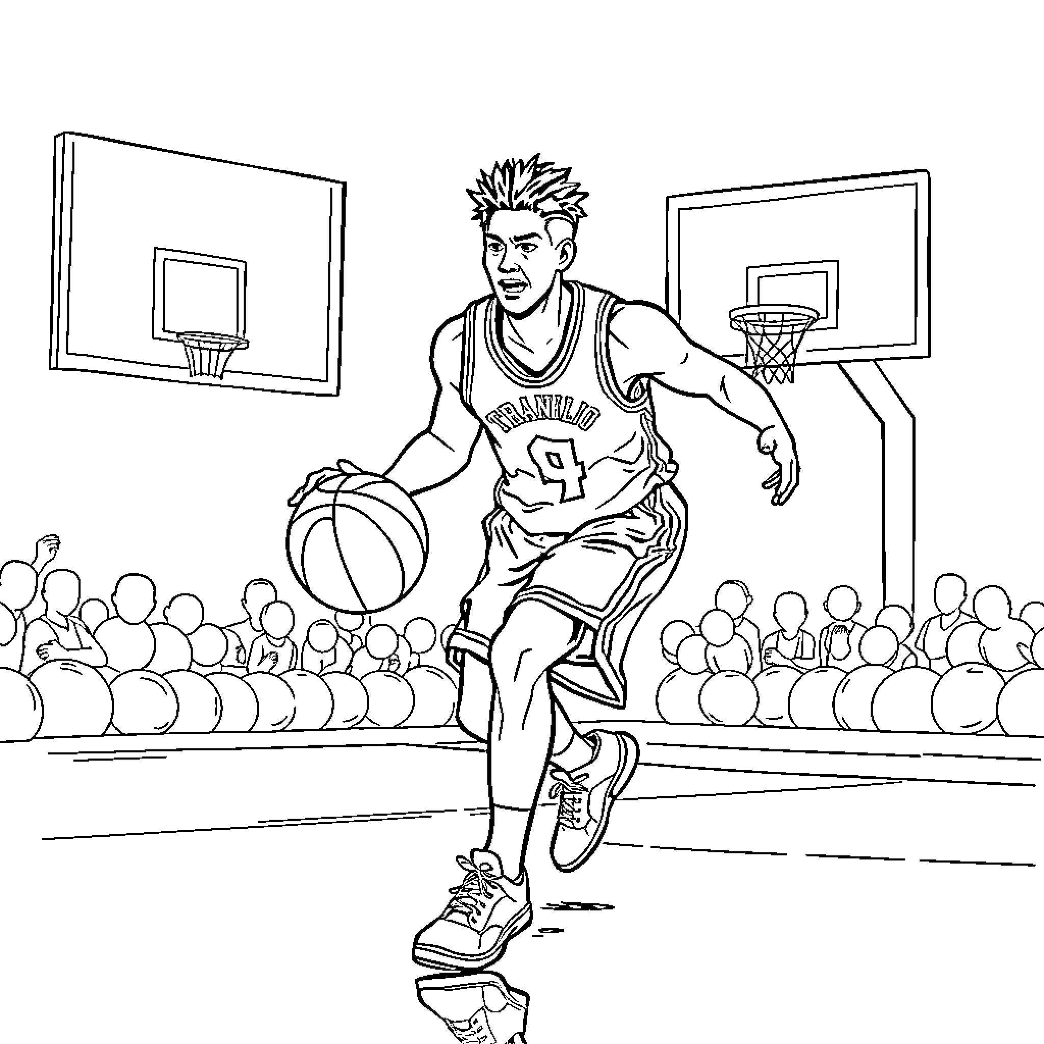 Tanjiro Playing Basketball with Spectators Coloring Page (free black-and-white line drawing printable PDF for all, from beginners to advanced learners, including children, teens, adults, and seniors)