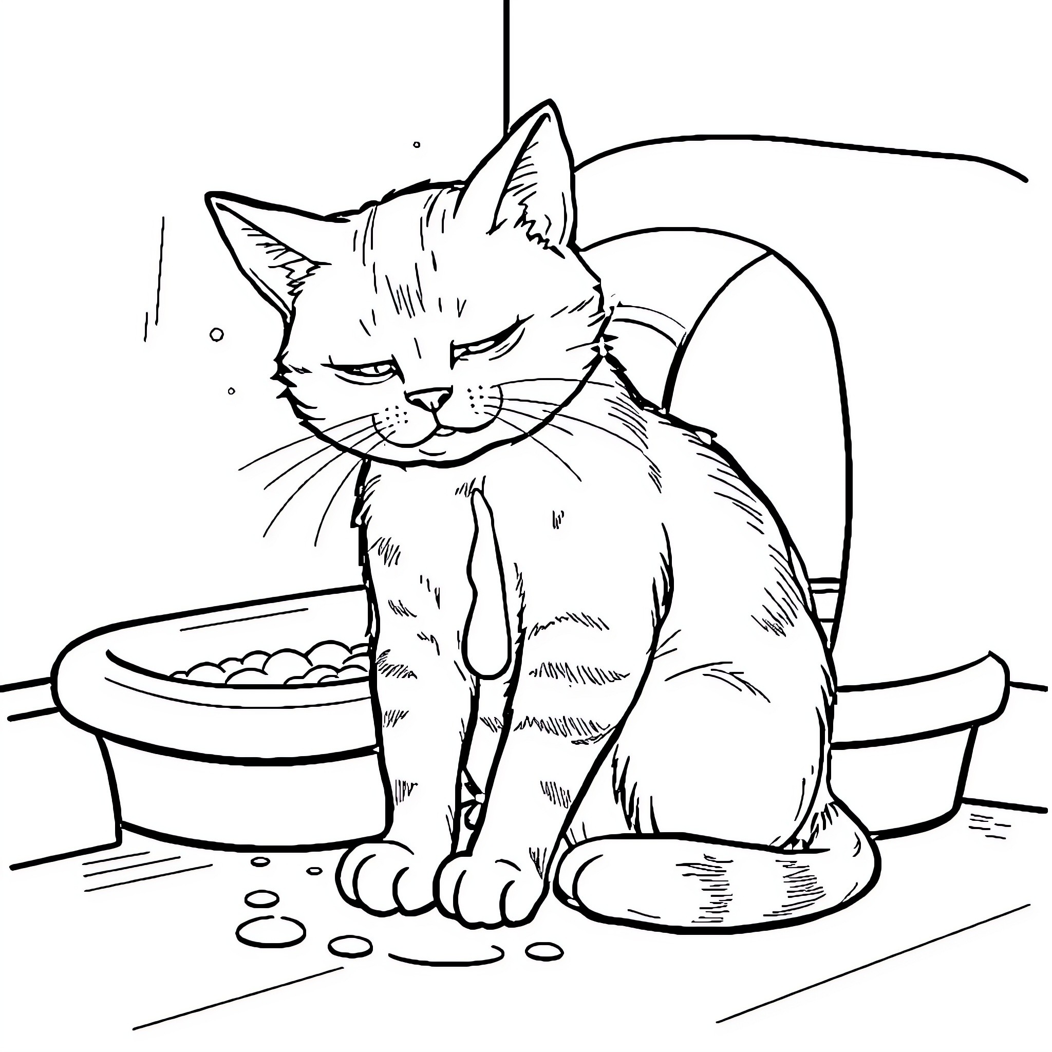 Cat resting near food bowl Coloring Page (free black-and-white line drawing printable PDF for all, from beginners to advanced learners, including children, teens, adults, and seniors)