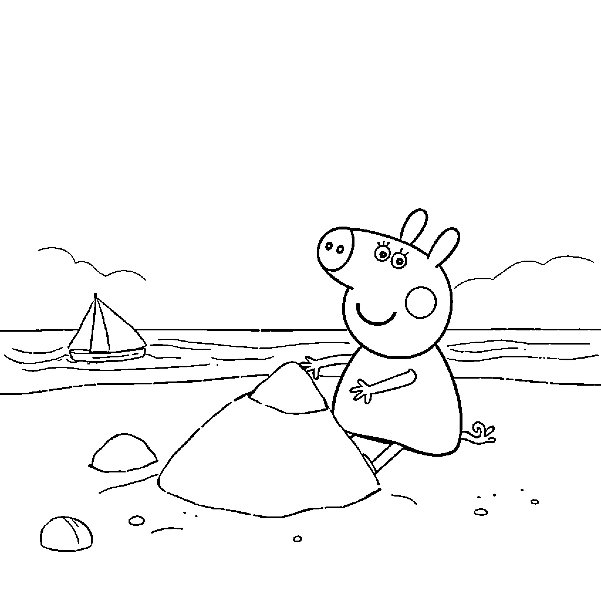 Peppa Pig playing in the sand near the ocean Coloring Page (free black-and-white line drawing printable PDF for all, from beginners to advanced learners, including children, teens, adults, and seniors)
