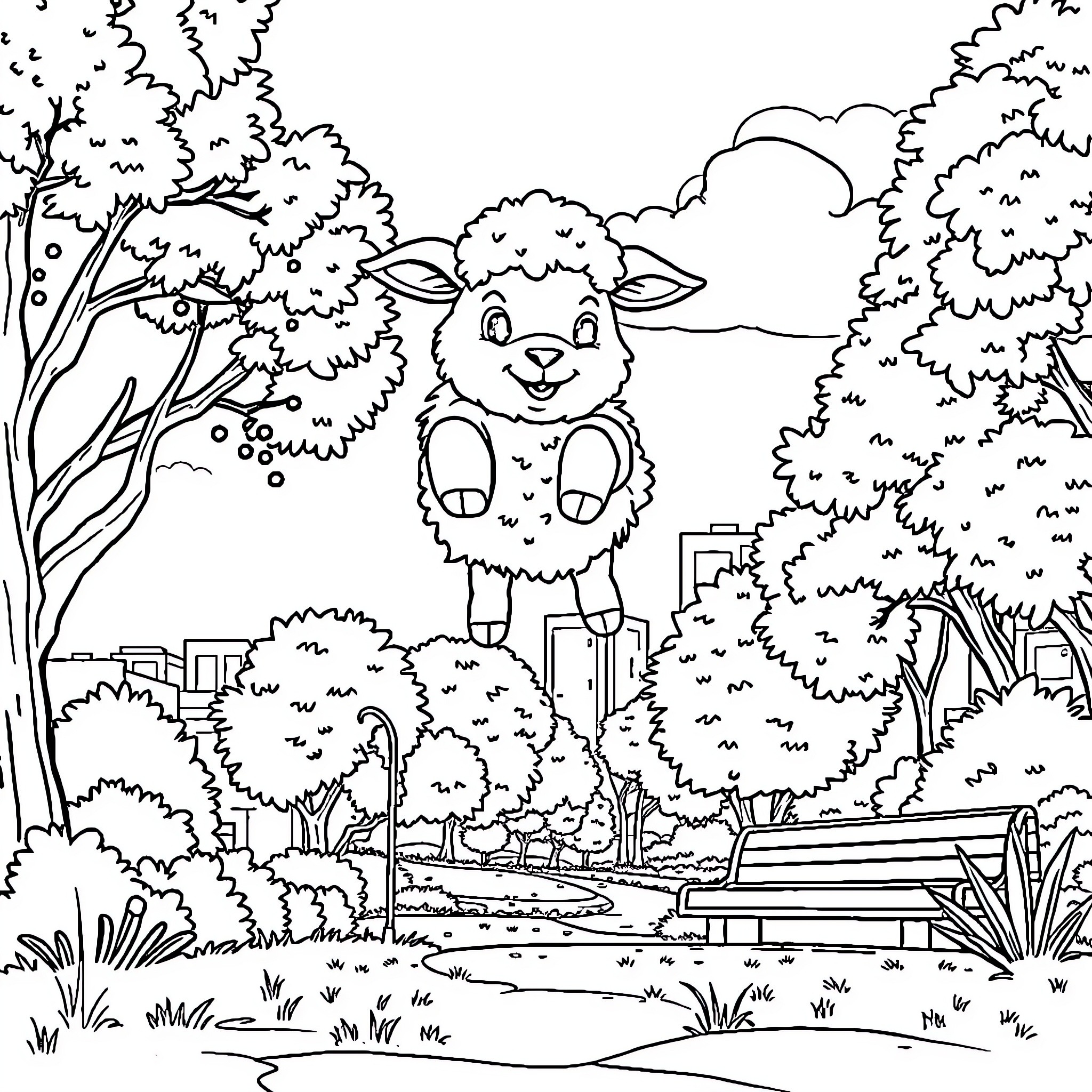 Lamb exploring the serene forest landscape Coloring Page (free black-and-white line drawing printable PDF for all, from beginners to advanced learners, including children, teens, adults, and seniors)