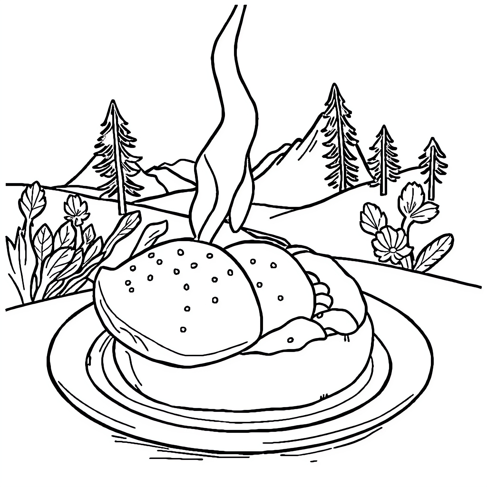 Snack of Tasty Meal in Nature Coloring Page (free black-and-white line drawing printable PDF for all, from beginners to advanced learners, including children, teens, adults, and seniors)