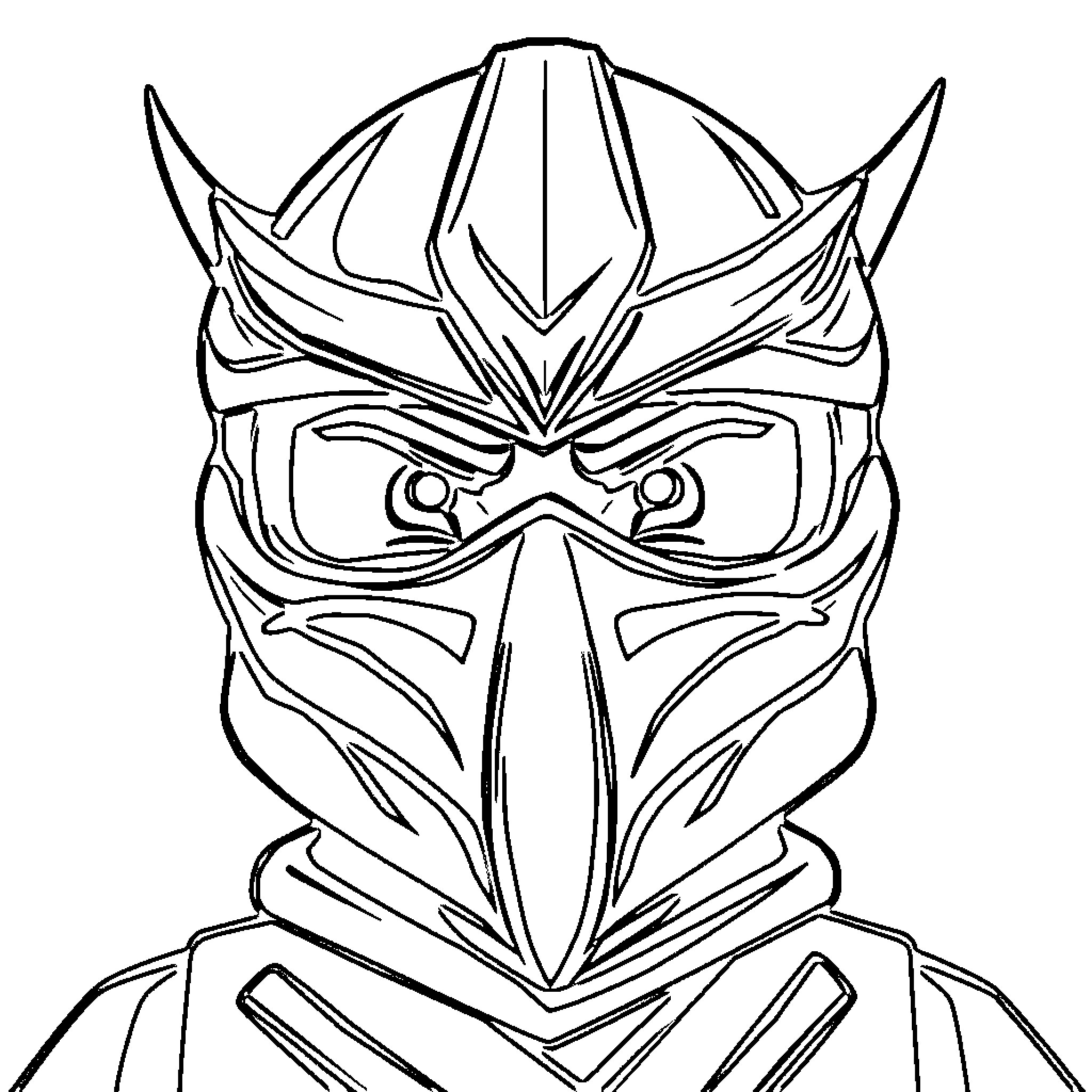 Jai wearing a fierce warrior mask and helmet Coloring Page (free black-and-white line drawing printable PDF for all, from beginners to advanced learners, including children, teens, adults, and seniors)