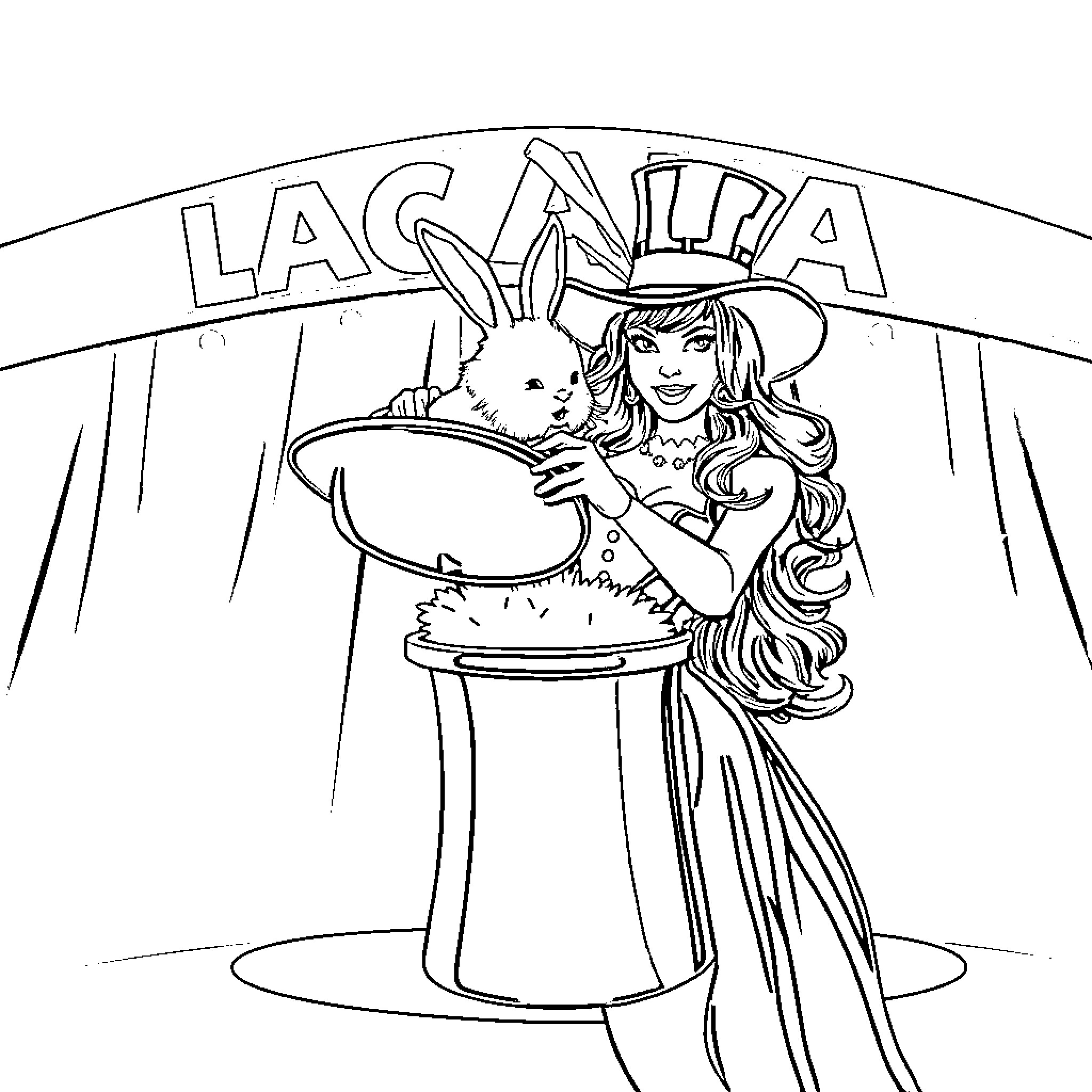 Zatanna performing magical act with rabbit Coloring Page (free black-and-white line drawing printable PDF for all, from beginners to advanced learners, including children, teens, adults, and seniors)