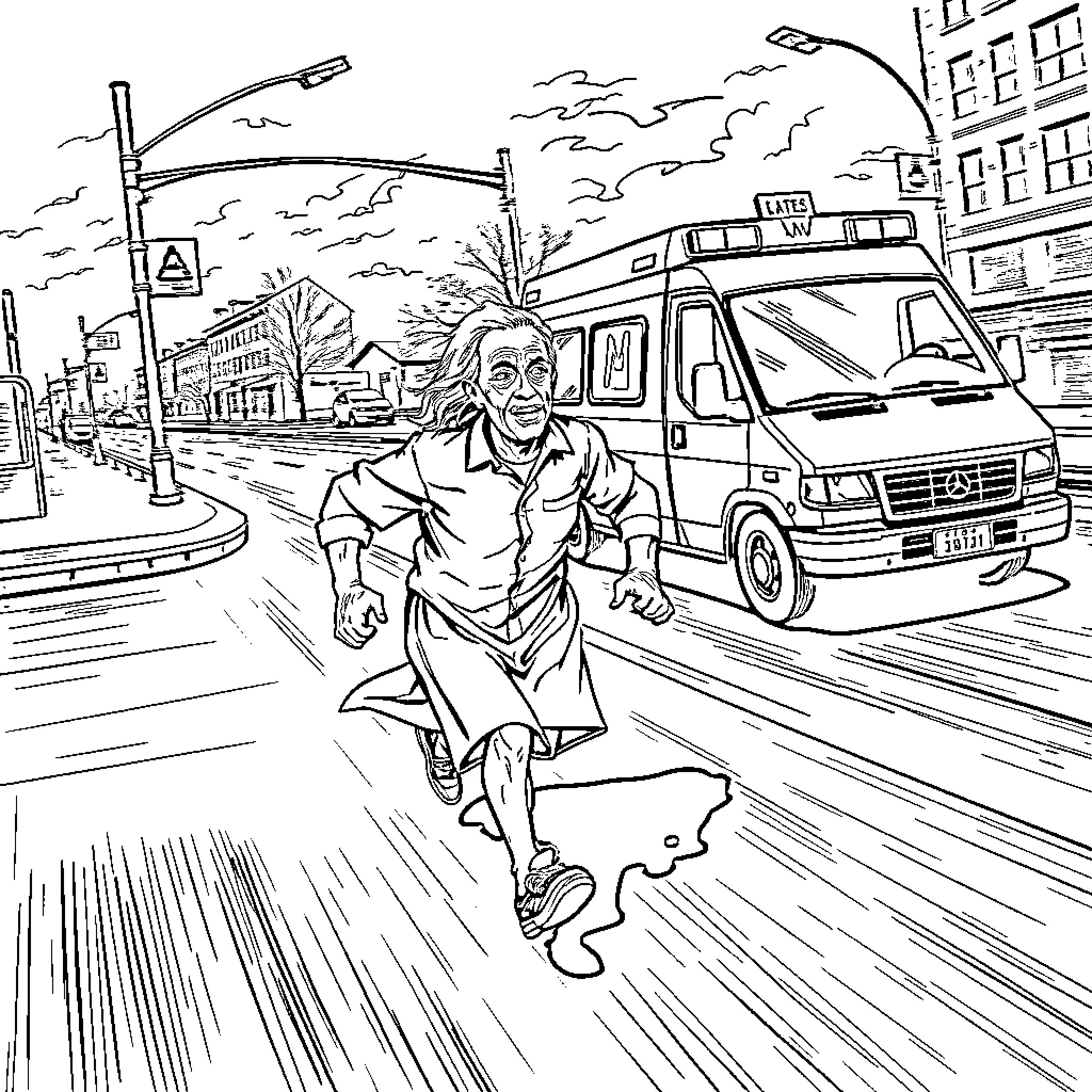 Patient rushing to reach emergency vehicle Coloring Page (free black-and-white line drawing printable PDF for all, from beginners to advanced learners, including children, teens, adults, and seniors)
