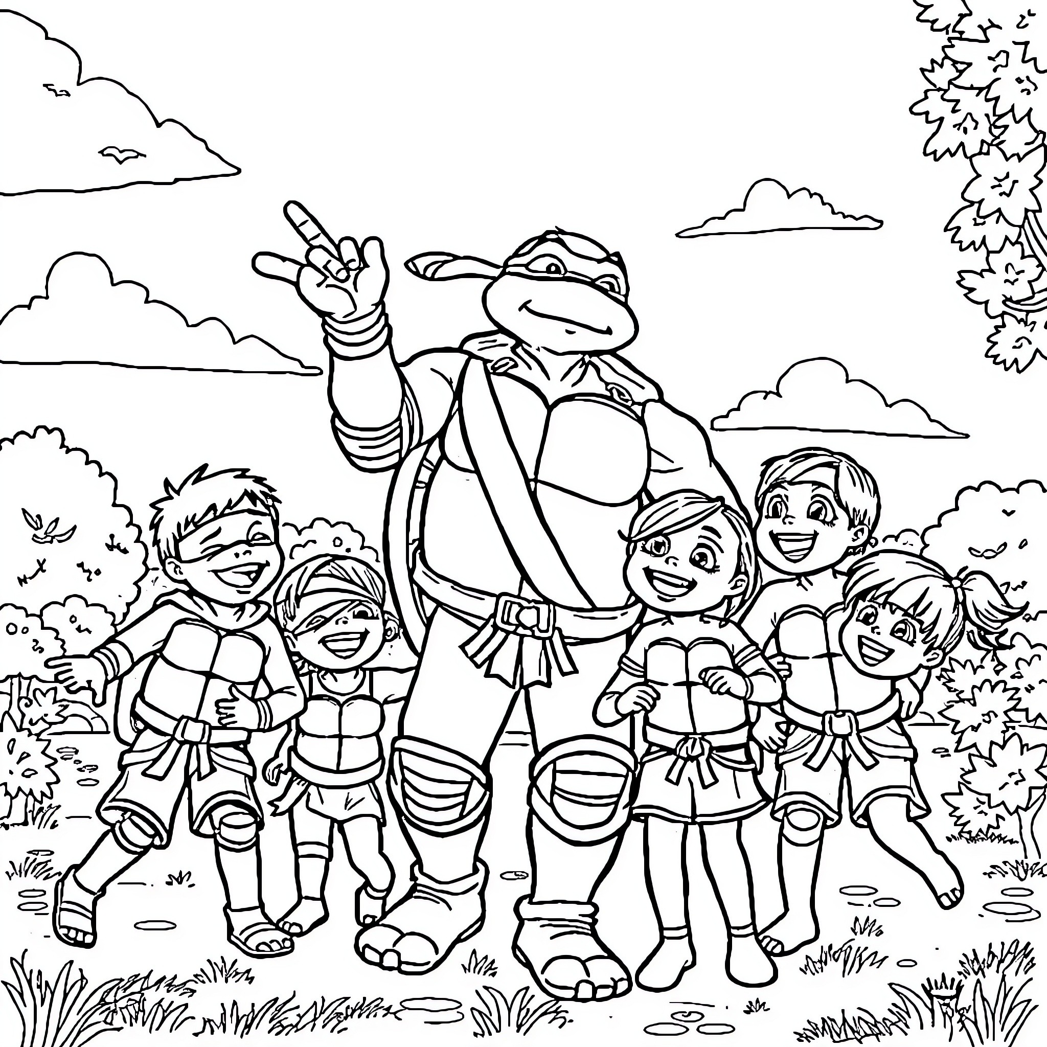 Ninja Turtle and Friends Exploring the Outdoors Coloring Page (free black-and-white line drawing printable PDF for all, from beginners to advanced learners, including children, teens, adults, and seniors)