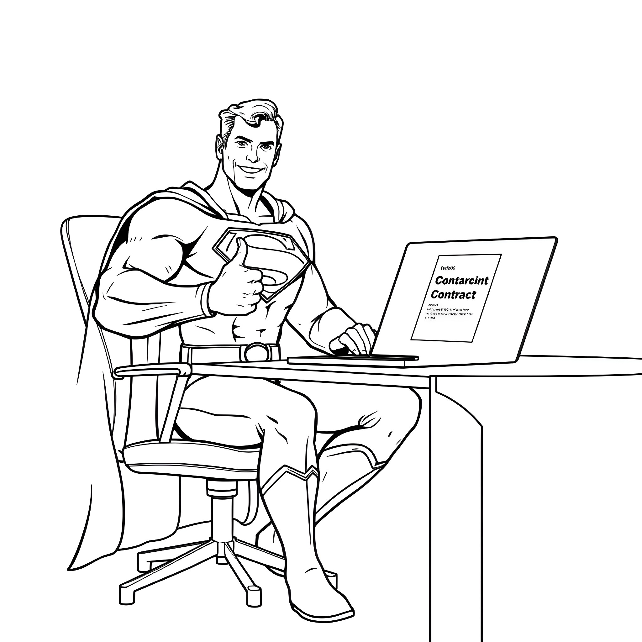 Superman working diligently at his desk Coloring Page (free black-and-white line drawing printable PDF for all, from beginners to advanced learners, including children, teens, adults, and seniors)