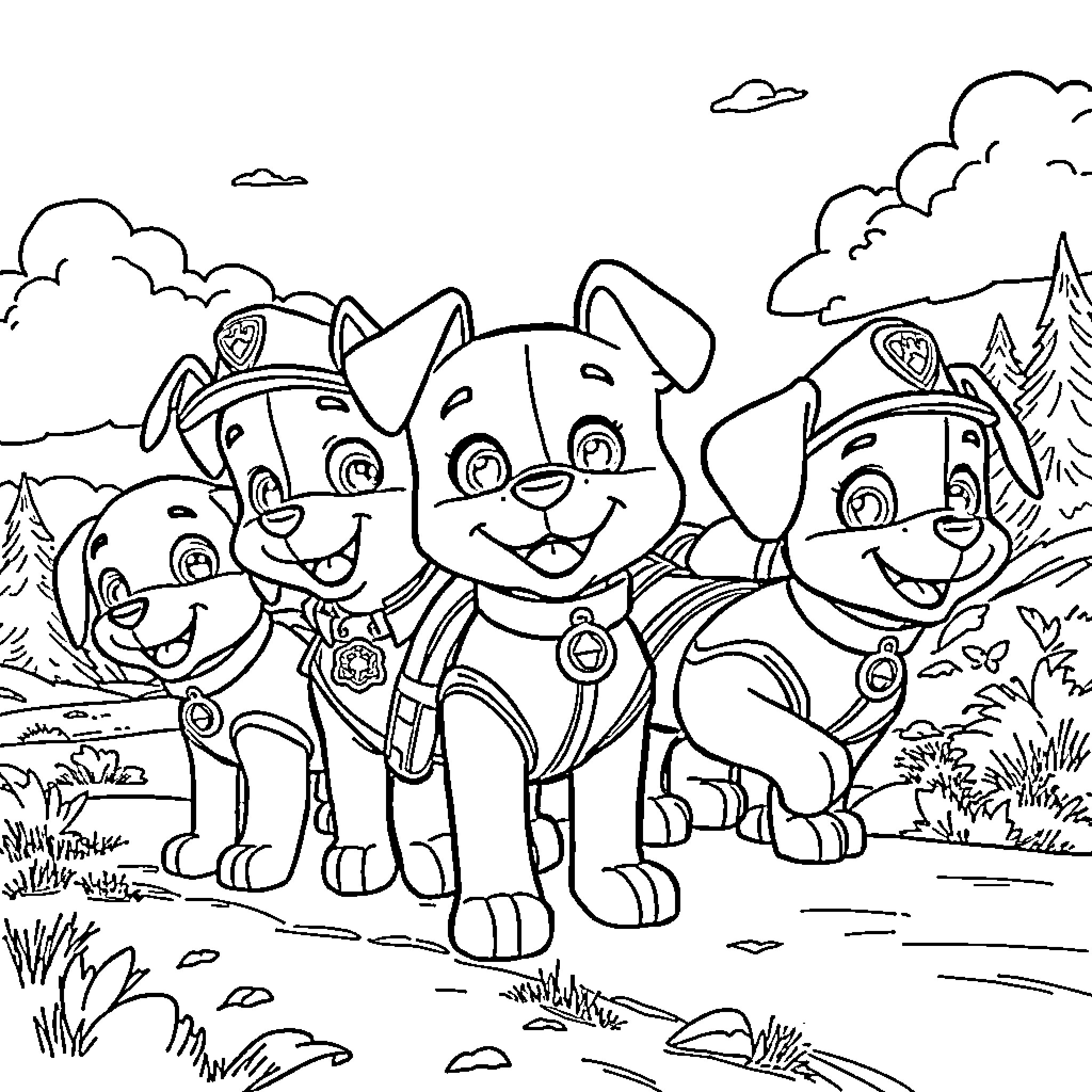 Paw Patrol Pups Exploring the Outdoors Coloring Page (free black-and-white line drawing printable PDF for all, from beginners to advanced learners, including children, teens, adults, and seniors)