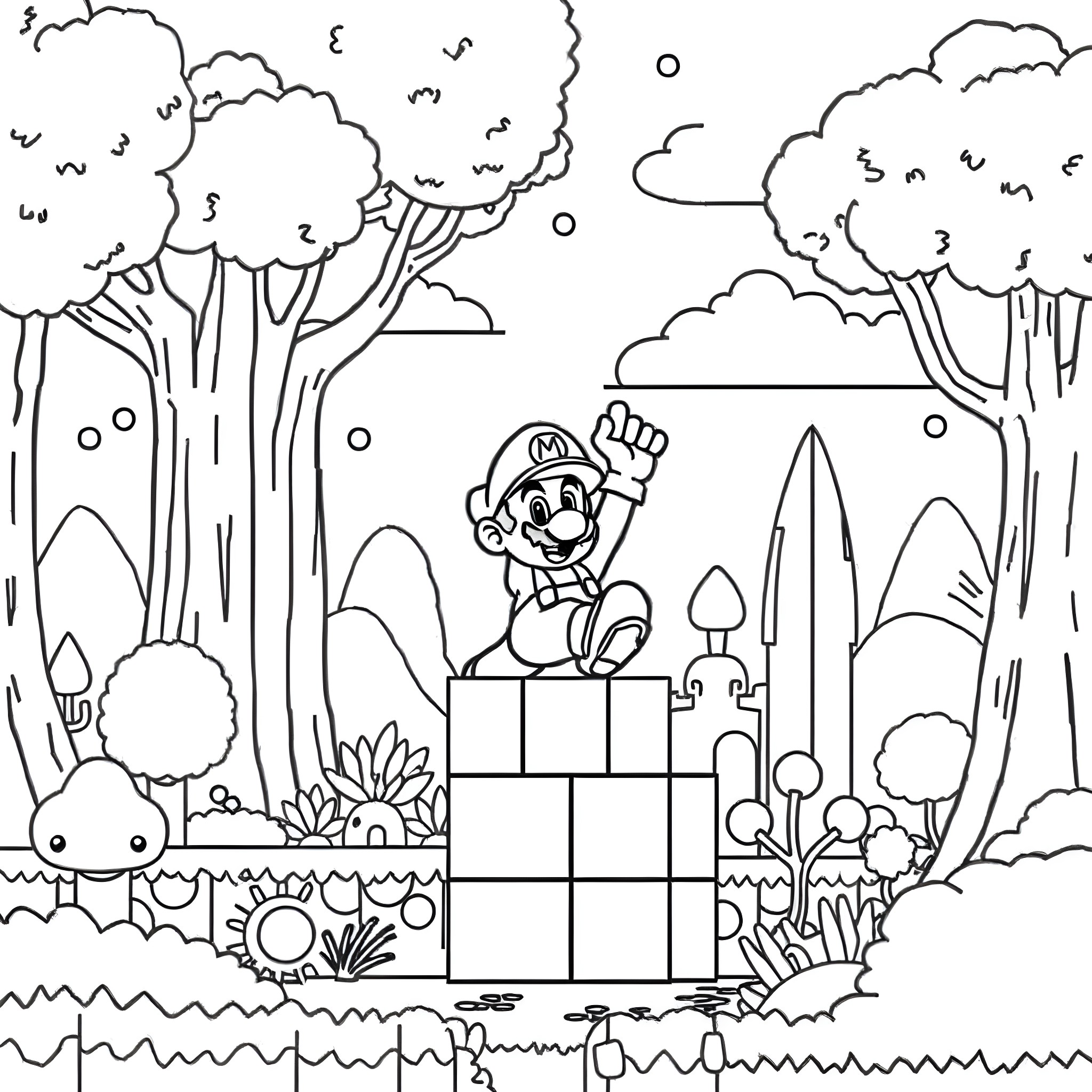 Mario building a platform in the enchanted forest Coloring Page (free black-and-white line drawing printable PDF for all, from beginners to advanced learners, including children, teens, adults, and seniors)