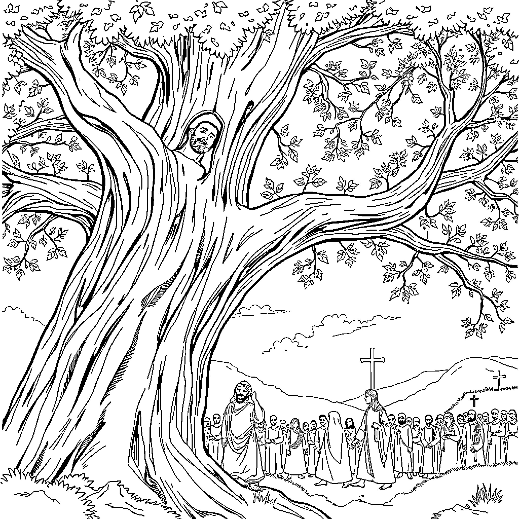 Zaché's encounter with the divine in the enchanted forest Coloring Page (free black-and-white line drawing printable PDF for all, from beginners to advanced learners, including children, teens, adults, and seniors)