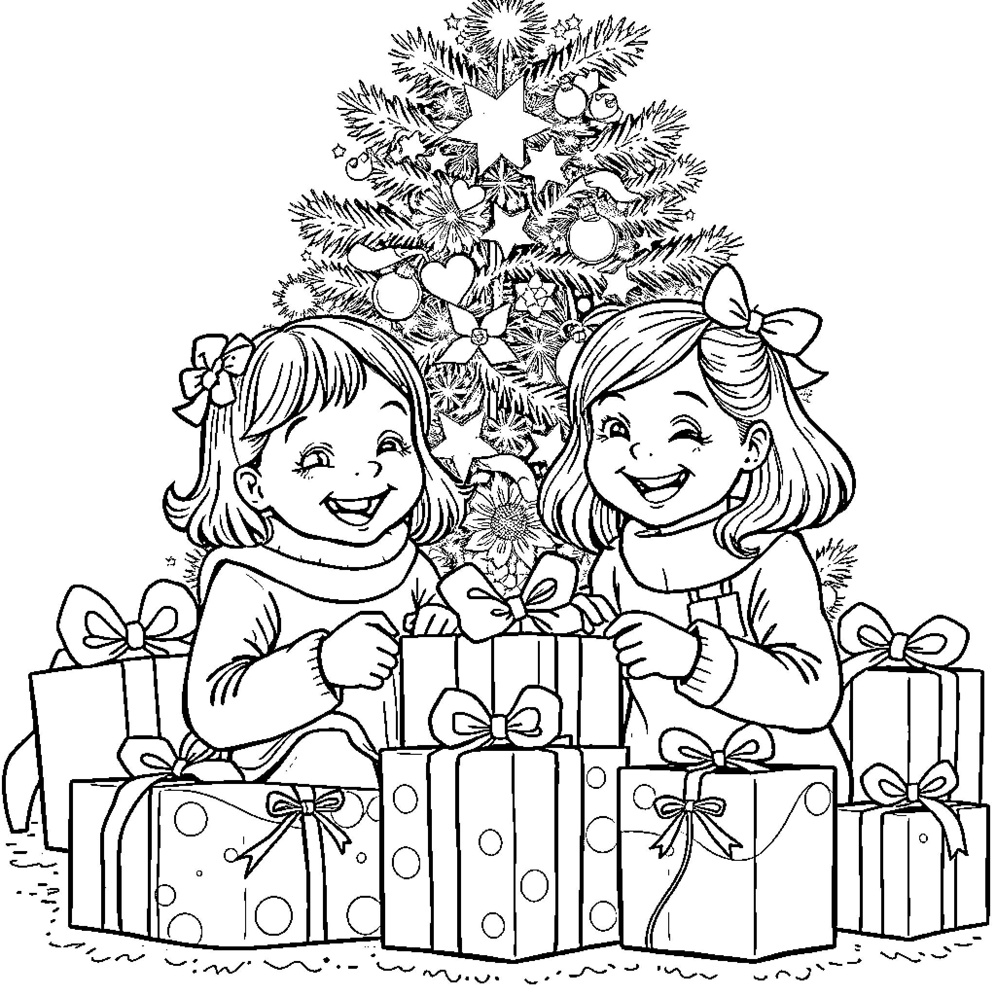 Girls enjoying Christmas gifts under decorated tree Coloring Page (free black-and-white line drawing printable PDF for all, from beginners to advanced learners, including children, teens, adults, and seniors)