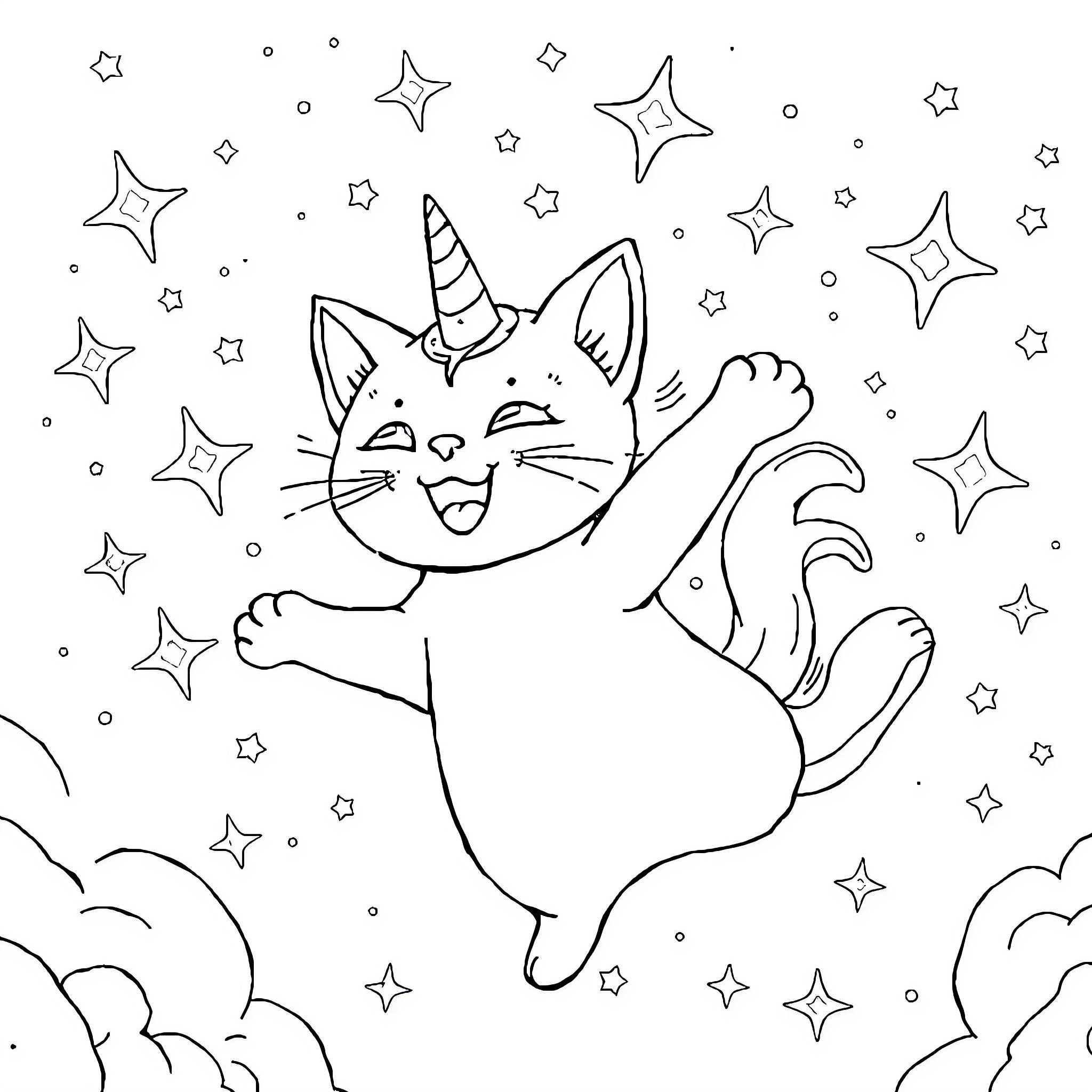 Unicorn Cat playing joyfully among the stars Coloring Page (free black-and-white line drawing printable PDF for all, from beginners to advanced learners, including children, teens, adults, and seniors)