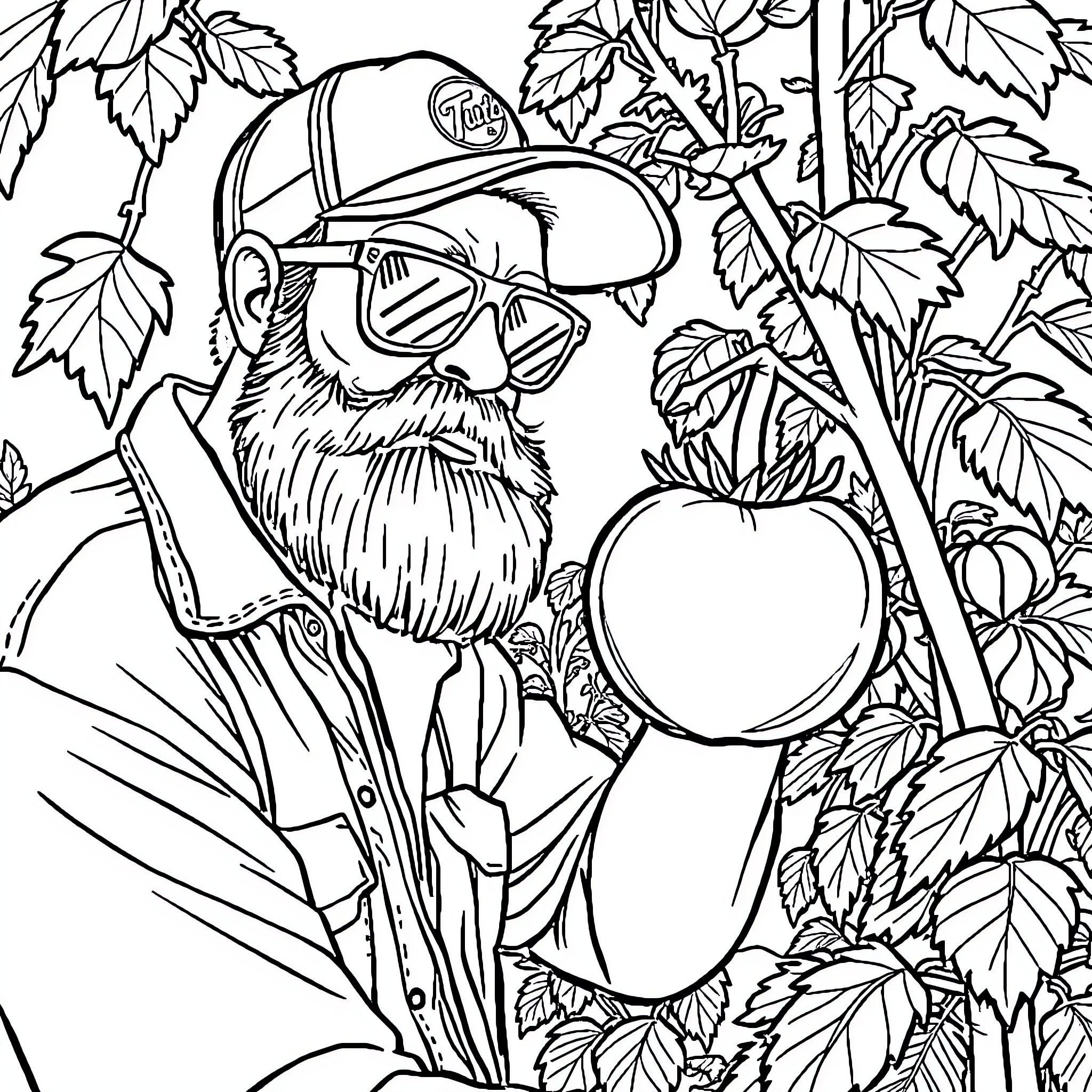 Guy tending to his garden with tomato plant Coloring Page (free black-and-white line drawing printable PDF for all, from beginners to advanced learners, including children, teens, adults, and seniors)