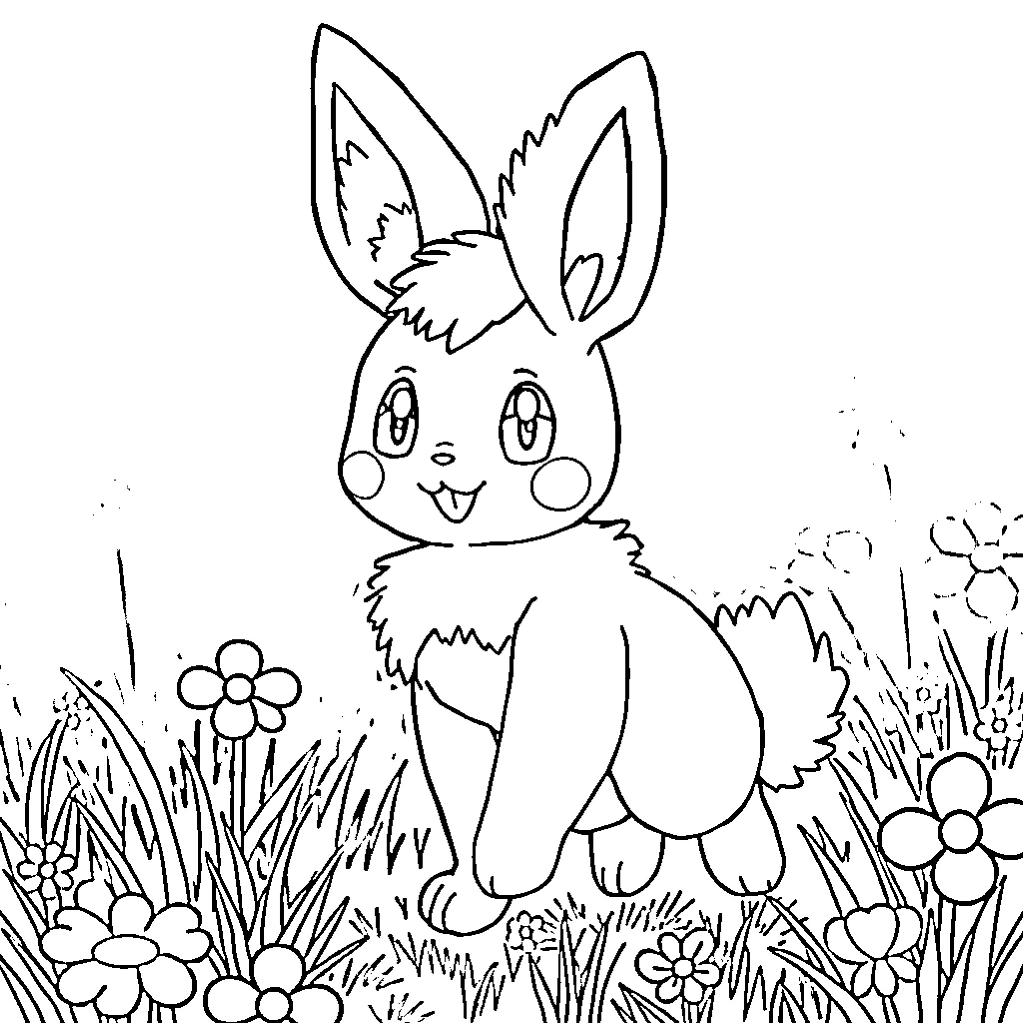 Pokémon Bunny Enjoying the Flowers Coloring Page (free black-and-white line drawing printable PDF for all, from beginners to advanced learners, including children, teens, adults, and seniors)