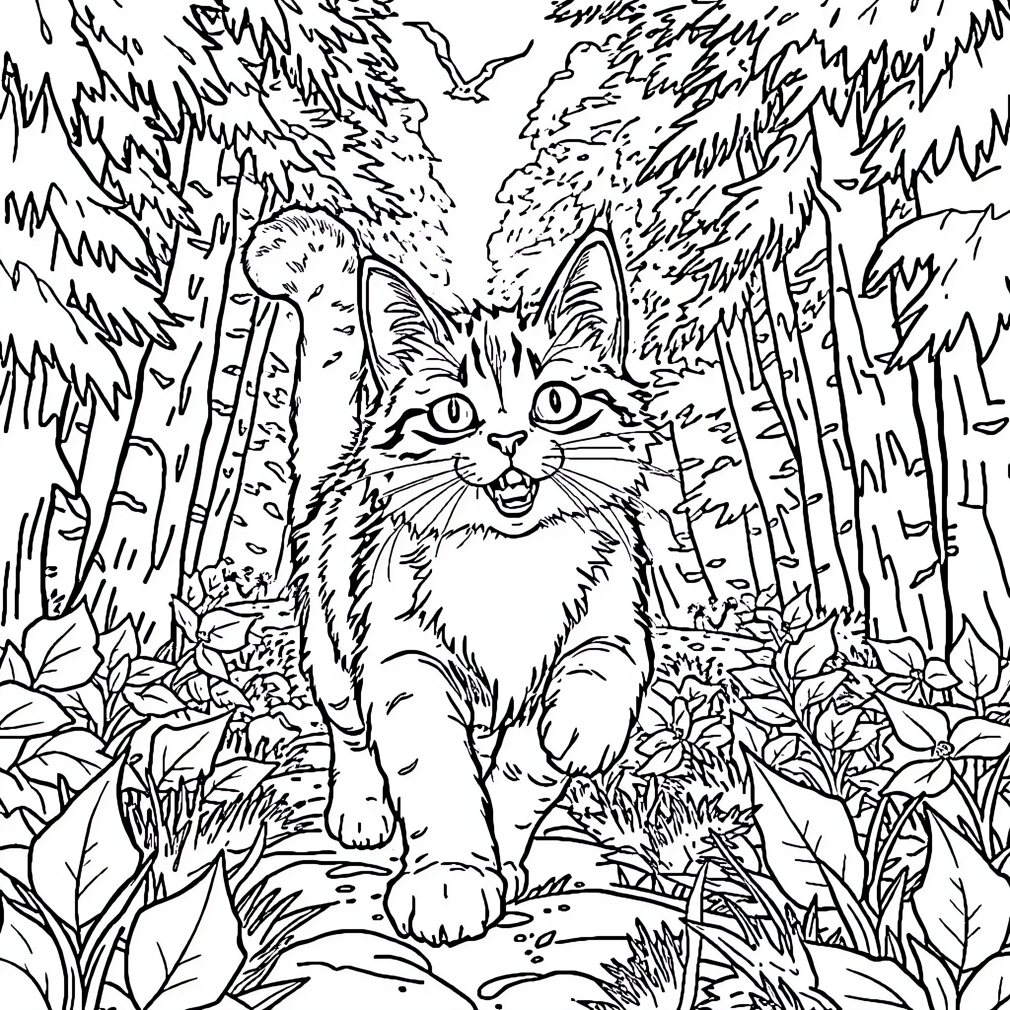 Maine Coon Cat Exploring Lush Forest Scenery Coloring Page (free black-and-white line drawing printable PDF for all, from beginners to advanced learners, including children, teens, adults, and seniors)