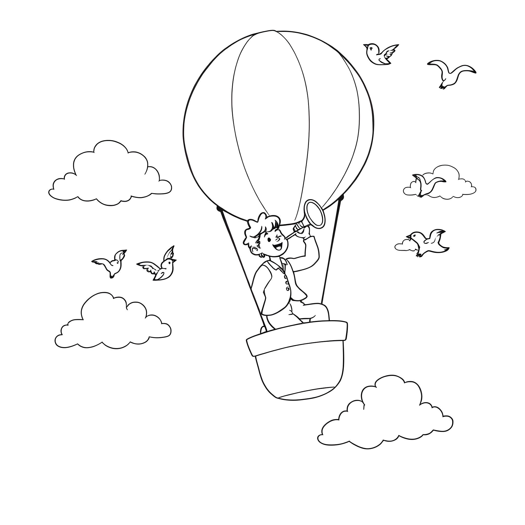 Trump enjoying a hot air balloon ride with butterflies Coloring Page (free black-and-white line drawing printable PDF for all, from beginners to advanced learners, including children, teens, adults, and seniors)