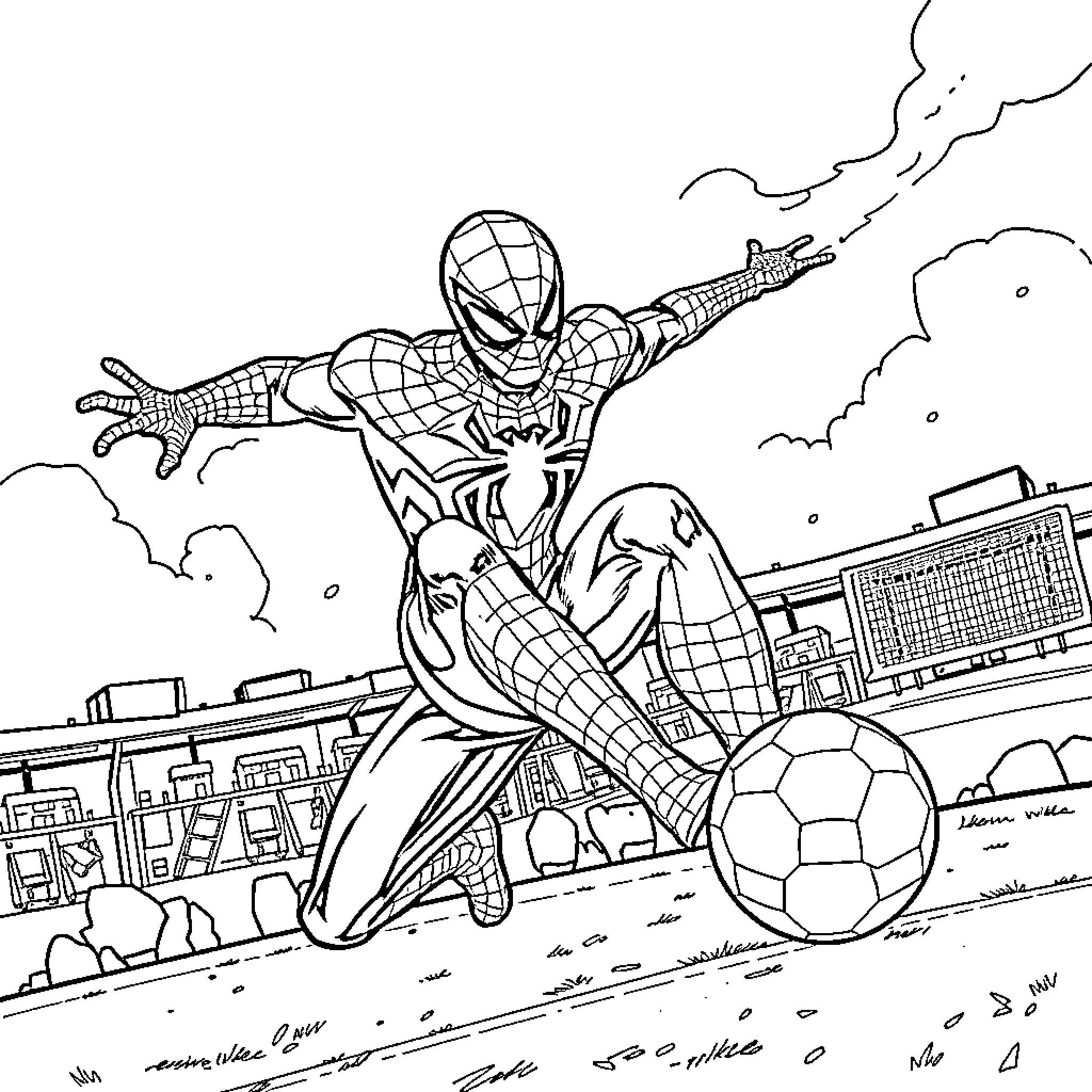 Spiderman playing soccer in an urban setting Coloring Page (free black-and-white line drawing printable PDF for all, from beginners to advanced learners, including children, teens, adults, and seniors)