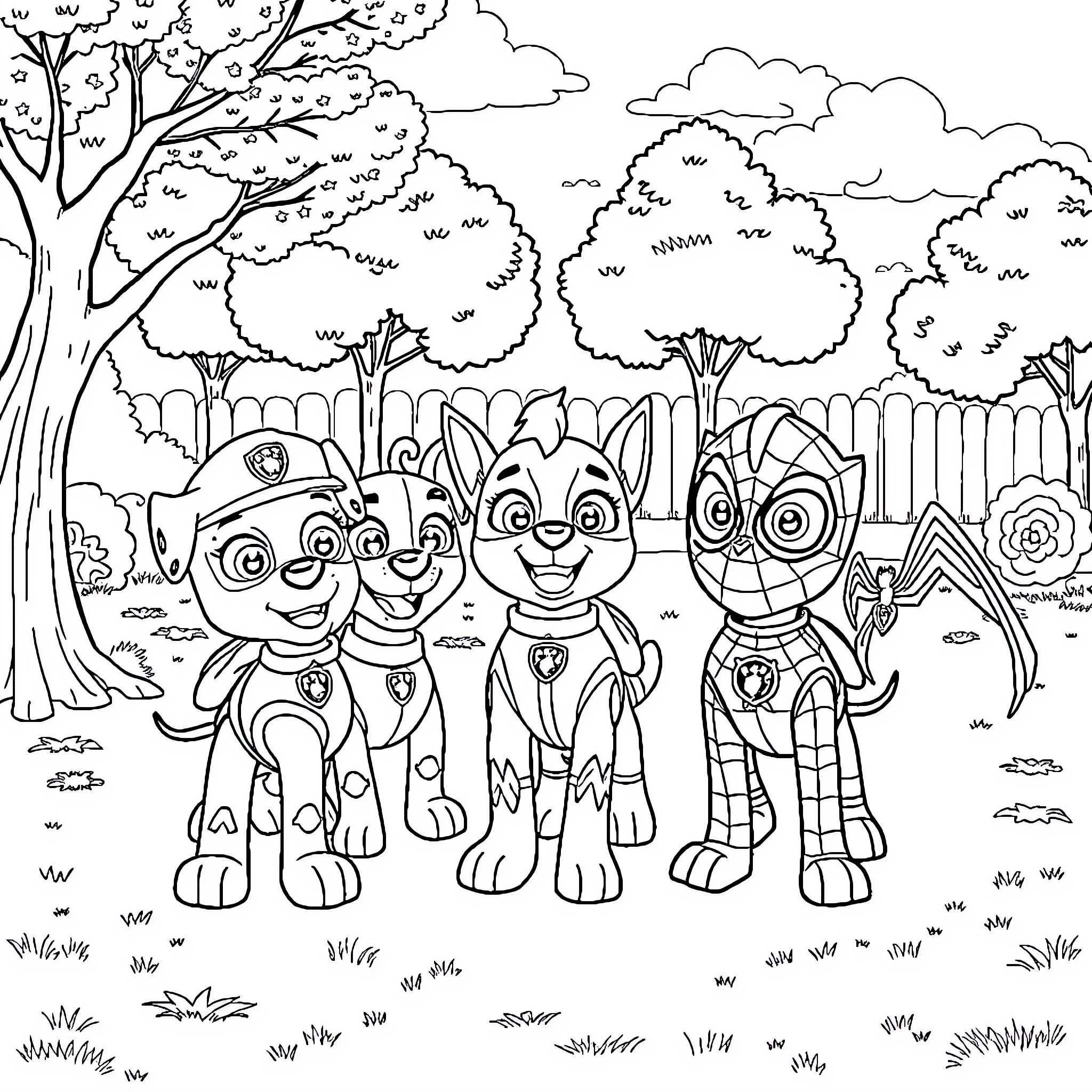 Paw Patrol Pups Explore the Enchanted Forest Coloring Page (free black-and-white line drawing printable PDF for all, from beginners to advanced learners, including children, teens, adults, and seniors)