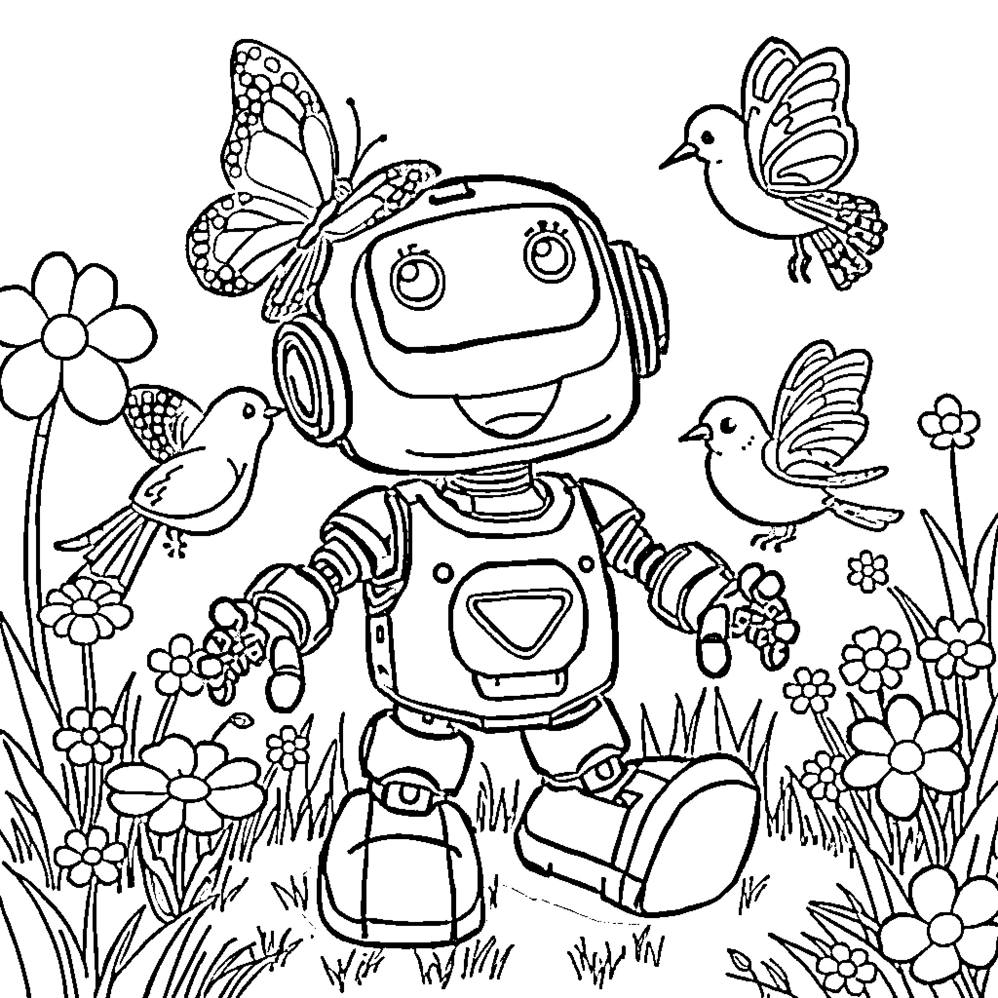 Robot exploring a nature scene with butterflies and birds Coloring Page (free black-and-white line drawing printable PDF for all, from beginners to advanced learners, including children, teens, adults, and seniors)