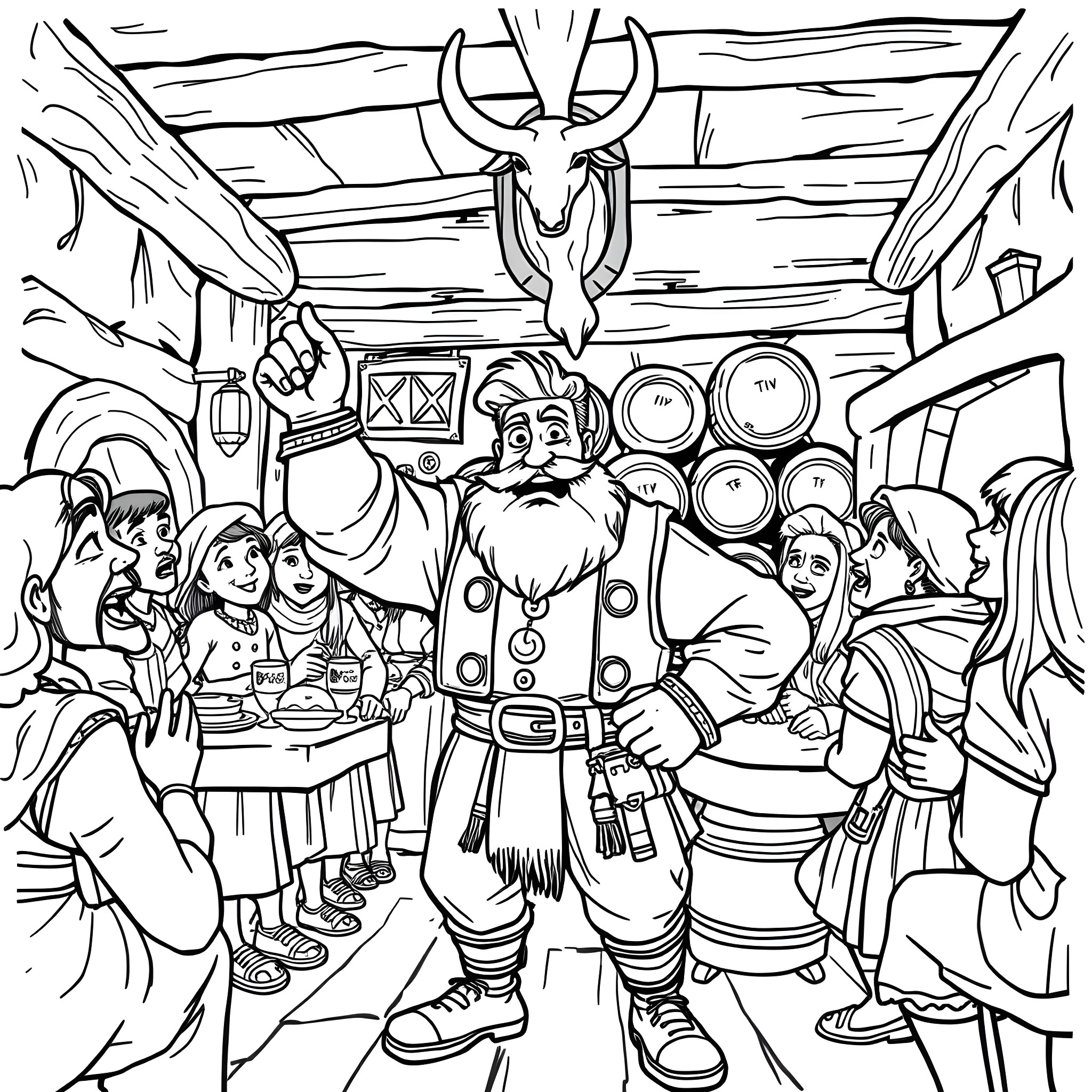 Gastón and his friends in a lively tavern Coloring Page (free black-and-white line drawing printable PDF for all, from beginners to advanced learners, including children, teens, adults, and seniors)