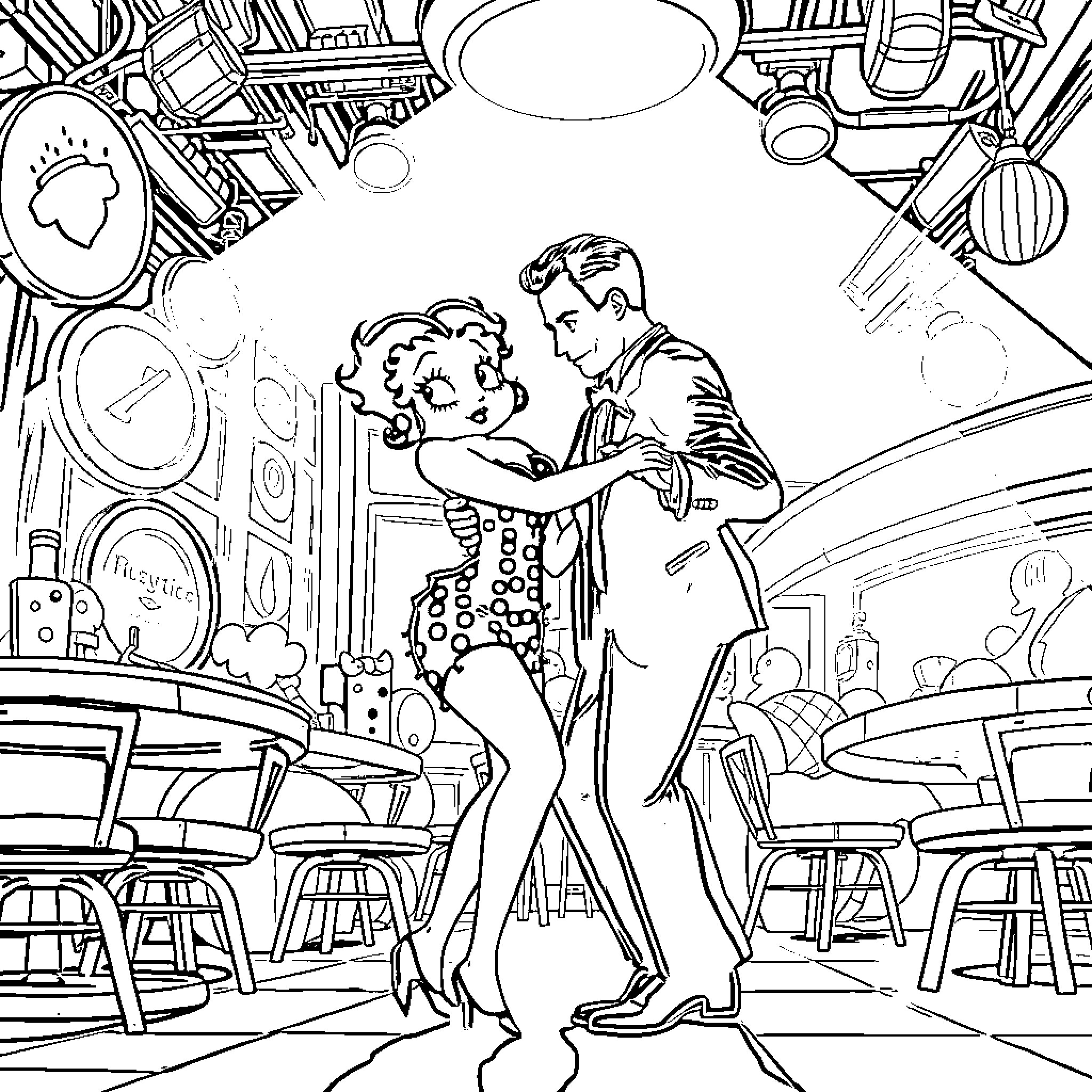Betty Boop dancing with man in retro setting Coloring Page (free black-and-white line drawing printable PDF for all, from beginners to advanced learners, including children, teens, adults, and seniors)