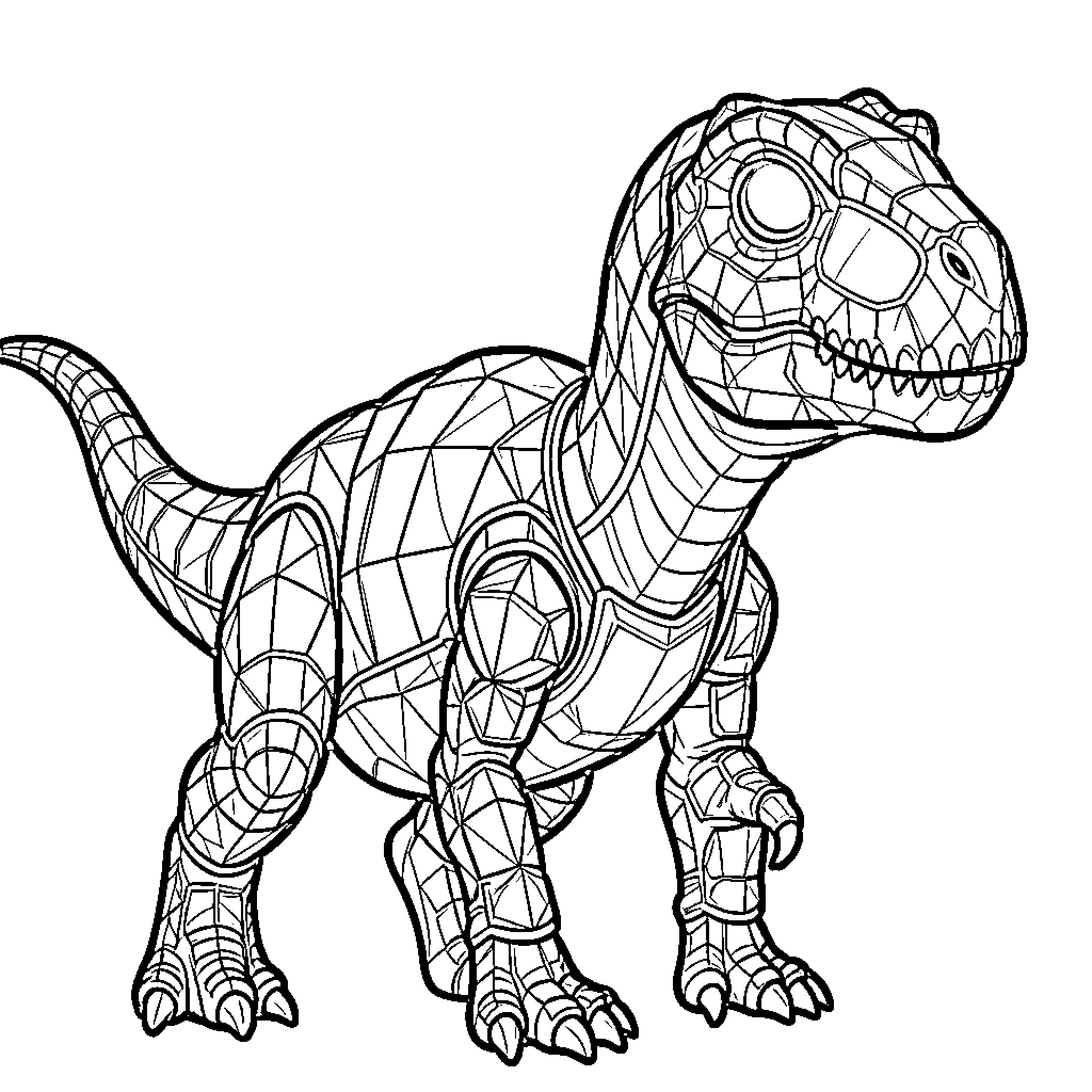 Dinosaur standing in a geometric patterned style Coloring Page (free black-and-white line drawing printable PDF for all, from beginners to advanced learners, including children, teens, adults, and seniors)