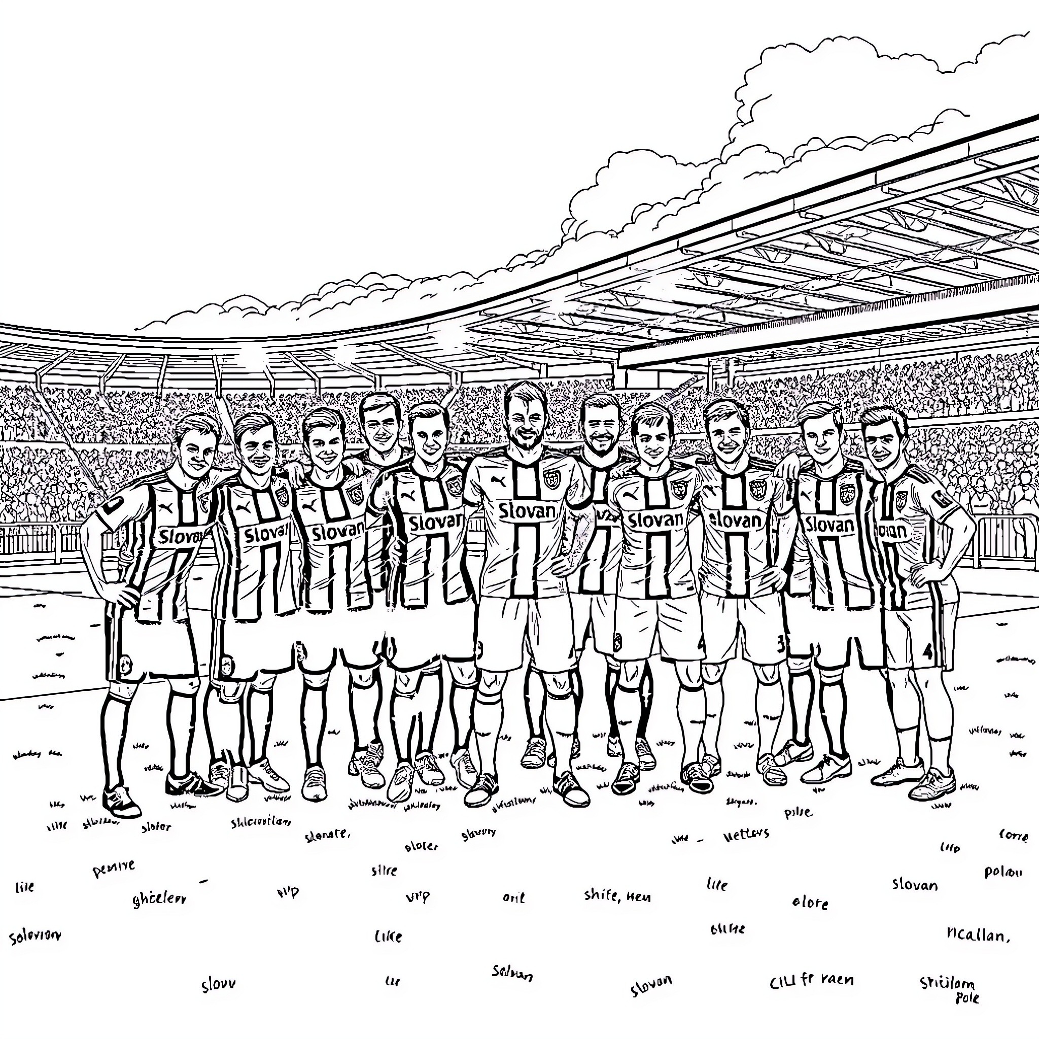 Players posing as a team on the football field Coloring Page (free black-and-white line drawing printable PDF for all, from beginners to advanced learners, including children, teens, adults, and seniors)