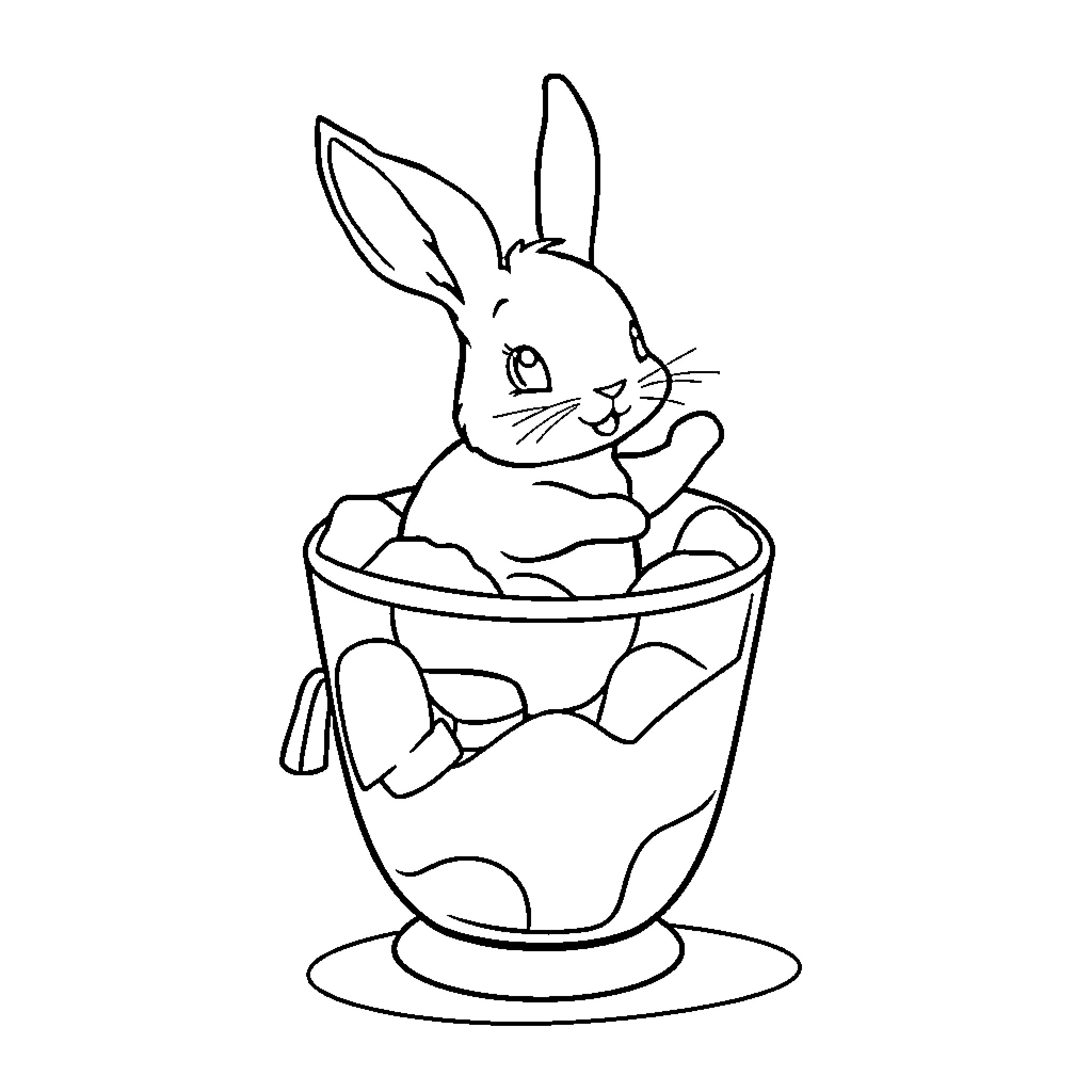 Rabbit relaxing in a cozy teacup Coloring Page (free black-and-white line drawing printable PDF for all, from beginners to advanced learners, including children, teens, adults, and seniors)