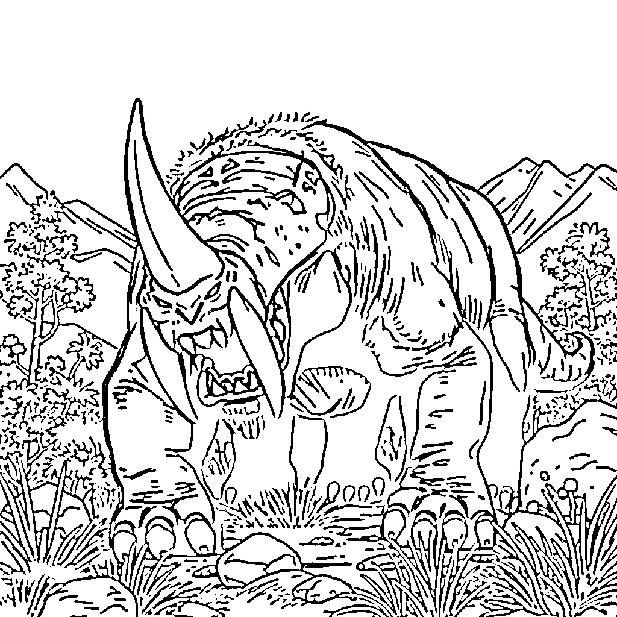 Smilodon ferociously guarding its territory Coloring Page (free black-and-white line drawing printable PDF for all, from beginners to advanced learners, including children, teens, adults, and seniors)