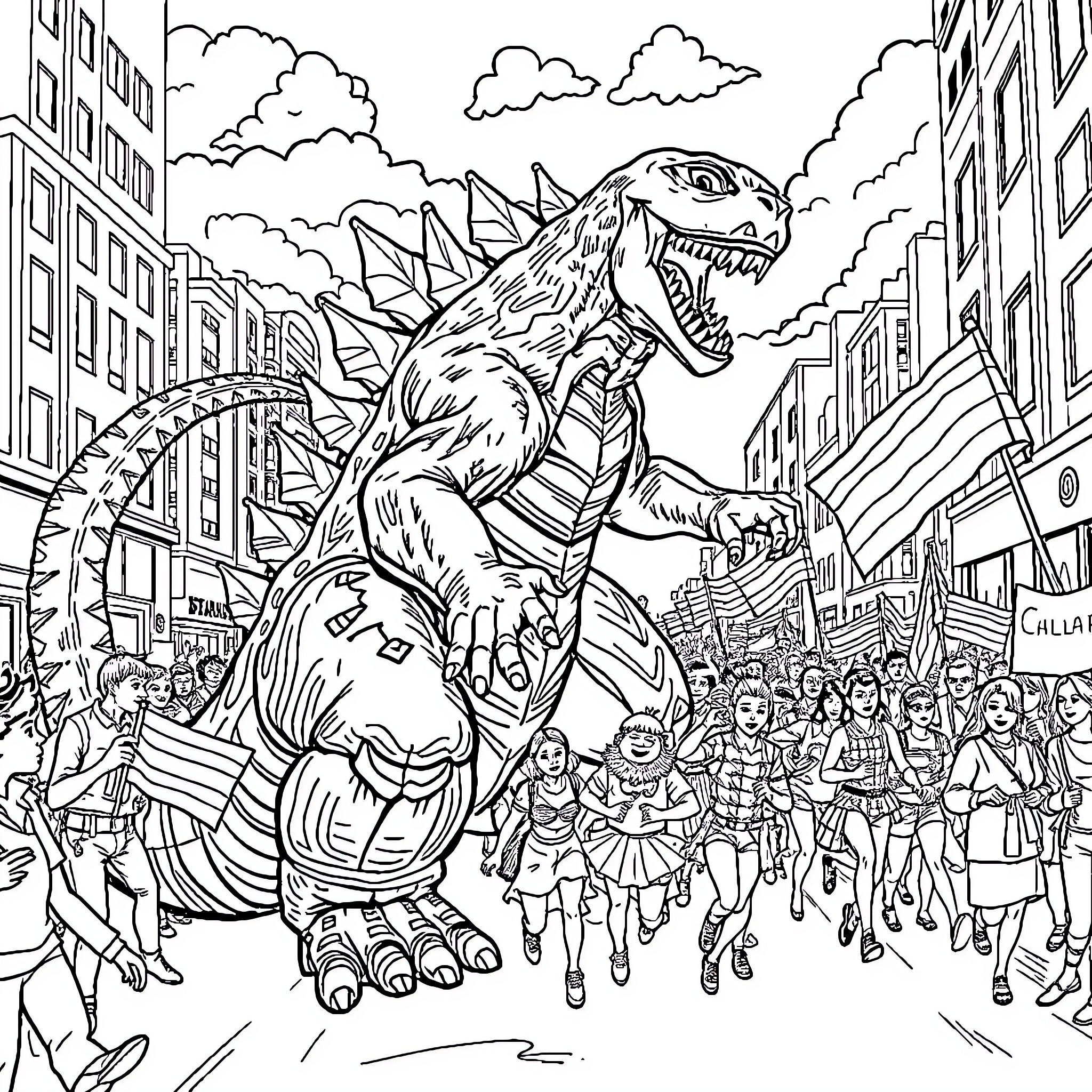 Godzilla rampaging through the city streets Coloring Page (free black-and-white line drawing printable PDF for all, from beginners to advanced learners, including children, teens, adults, and seniors)