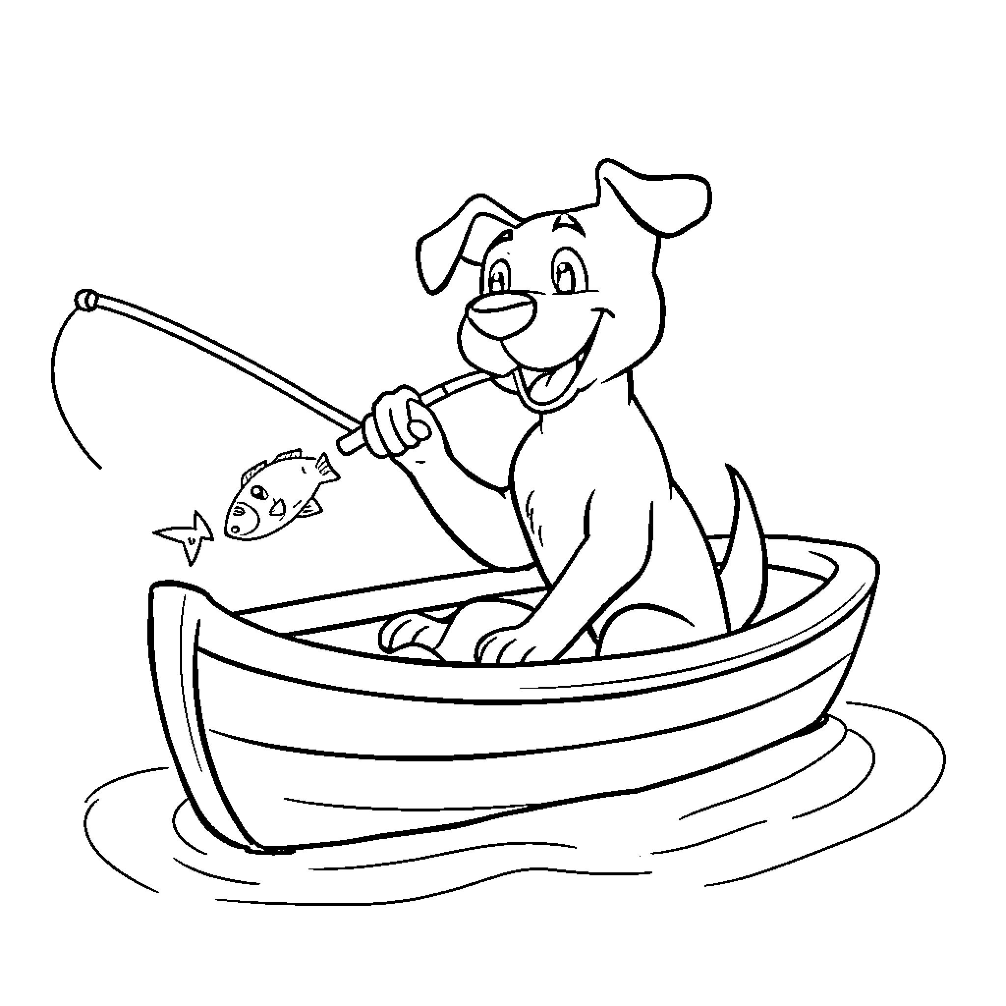 Dog fishing in a boat Coloring Page (free black-and-white line drawing printable PDF for all, from beginners to advanced learners, including children, teens, adults, and seniors)
