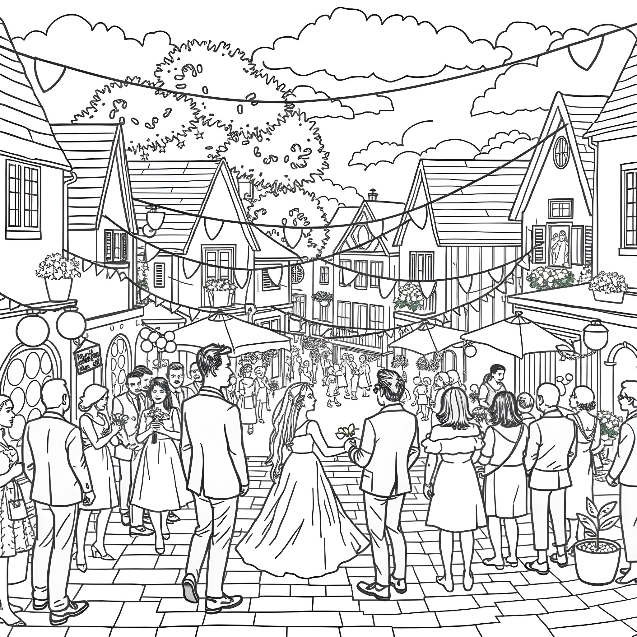 Wedding Celebration in a Lively Village Scene Coloring Page (free black-and-white line drawing printable PDF for all, from beginners to advanced learners, including children, teens, adults, and seniors)