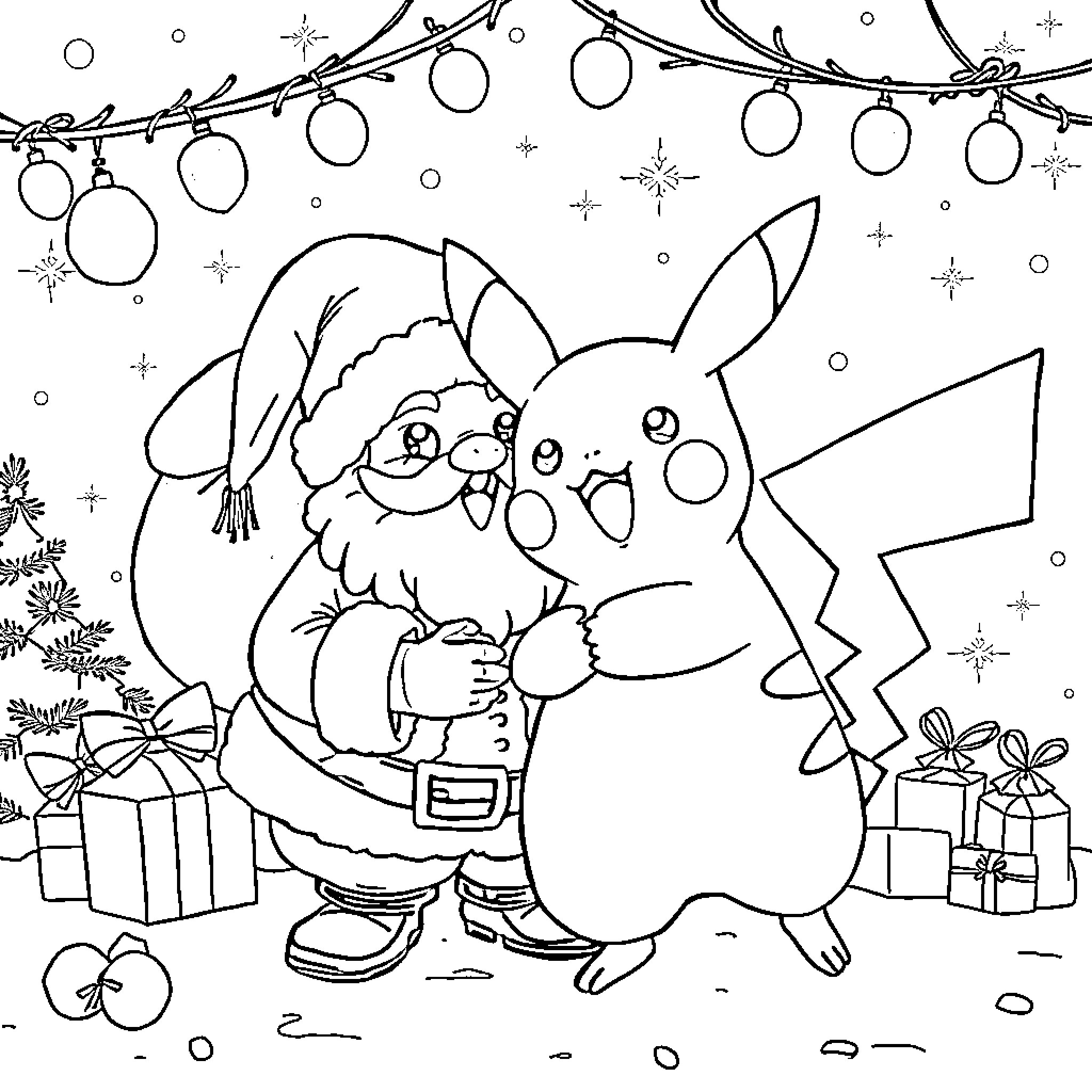 Pikachu celebrating Christmas with Santa Claus Coloring Page (free black-and-white line drawing printable PDF for all, from beginners to advanced learners, including children, teens, adults, and seniors)