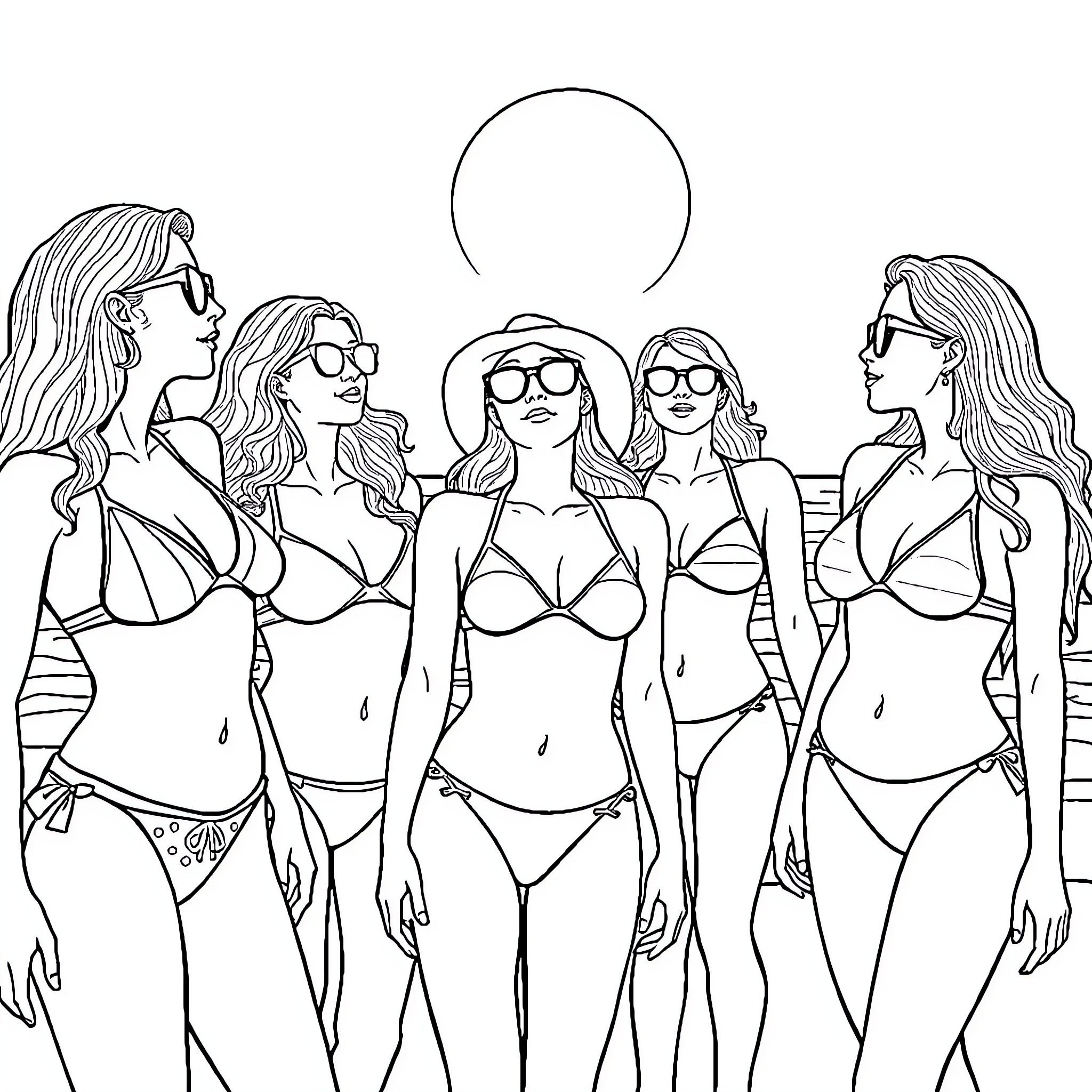 Women in Stylish Swimwear Enjoying Beach Vacation Coloring Page (free black-and-white line drawing printable PDF for all, from beginners to advanced learners, including children, teens, adults, and seniors)