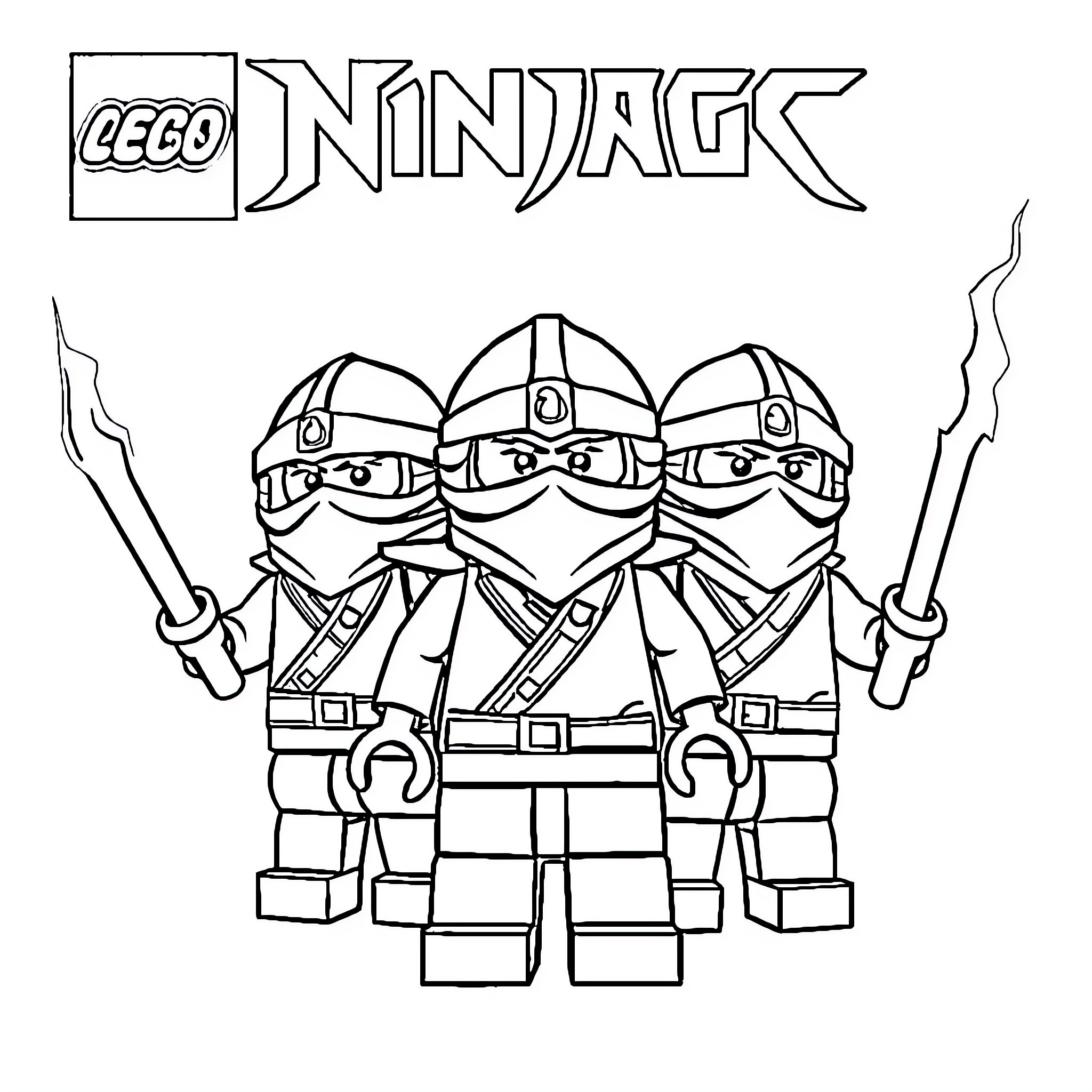 Ninjago warriors wielding swords and masks Coloring Page (free black-and-white line drawing printable PDF for all, from beginners to advanced learners, including children, teens, adults, and seniors)