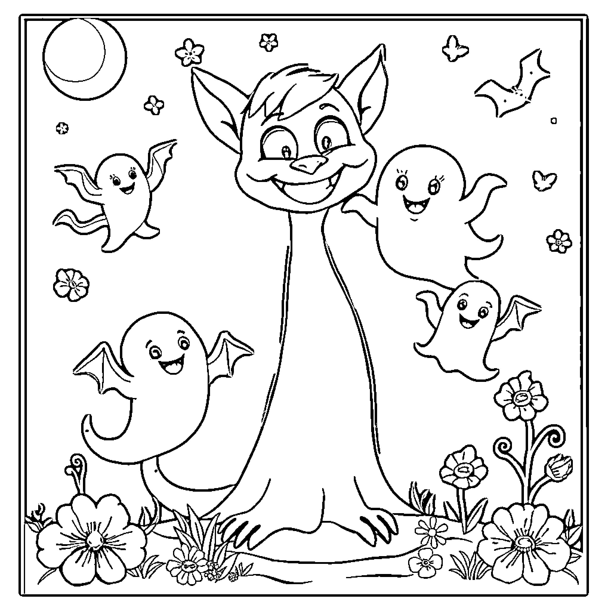 Sorcère's Whimsical Gathering of Friendly Spirits Coloring Page (free black-and-white line drawing printable PDF for all, from beginners to advanced learners, including children, teens, adults, and seniors)